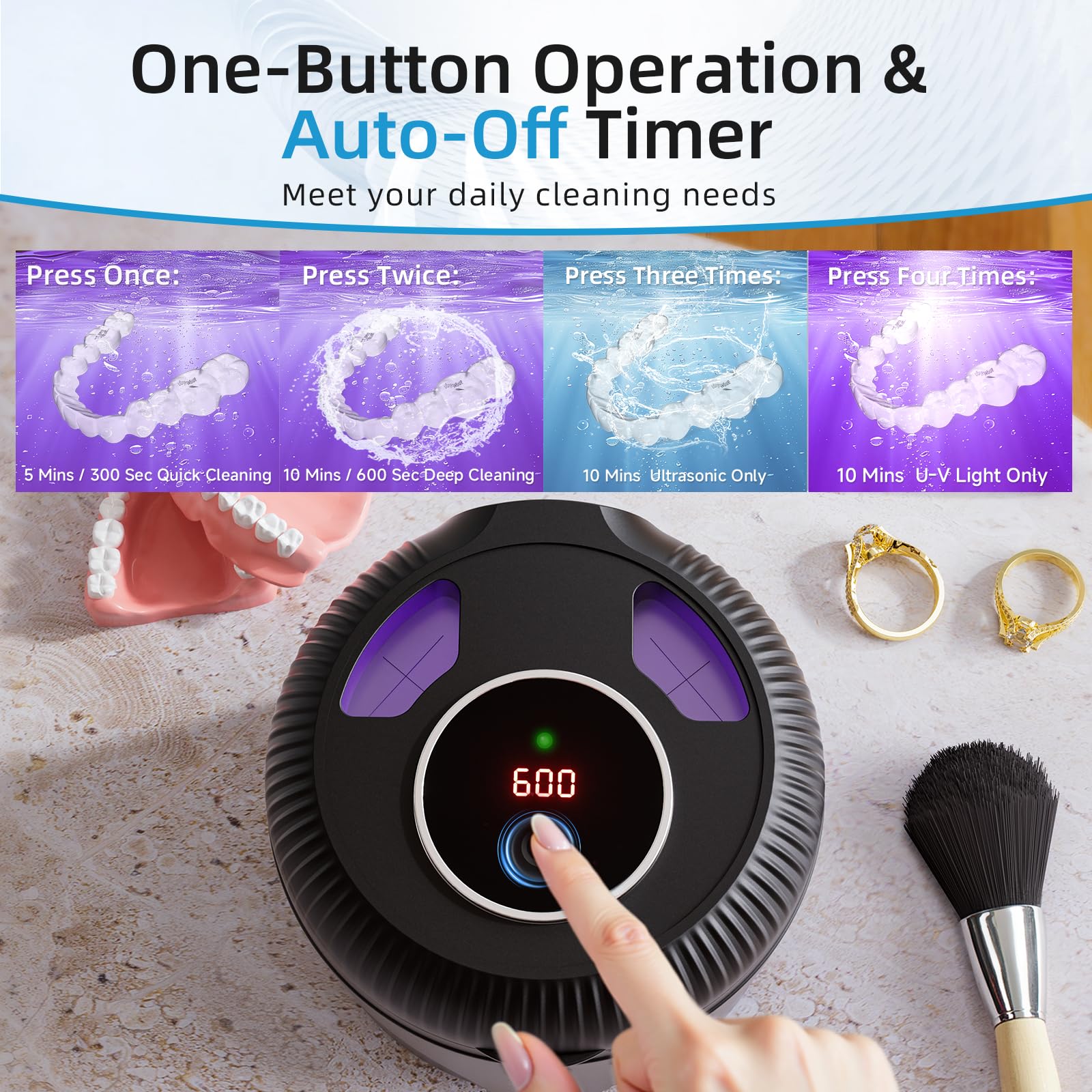 Ultrasonic Retainer Cleaner Machine - 45kHz Dental Appliance Cleaner for Dentures, Mouth Guards, Aligners & Jewelry | 4 Cleaning Modes with Digital Timer & 200ML Tank | Perfect for Daily Oral Care, Travel & Home Use