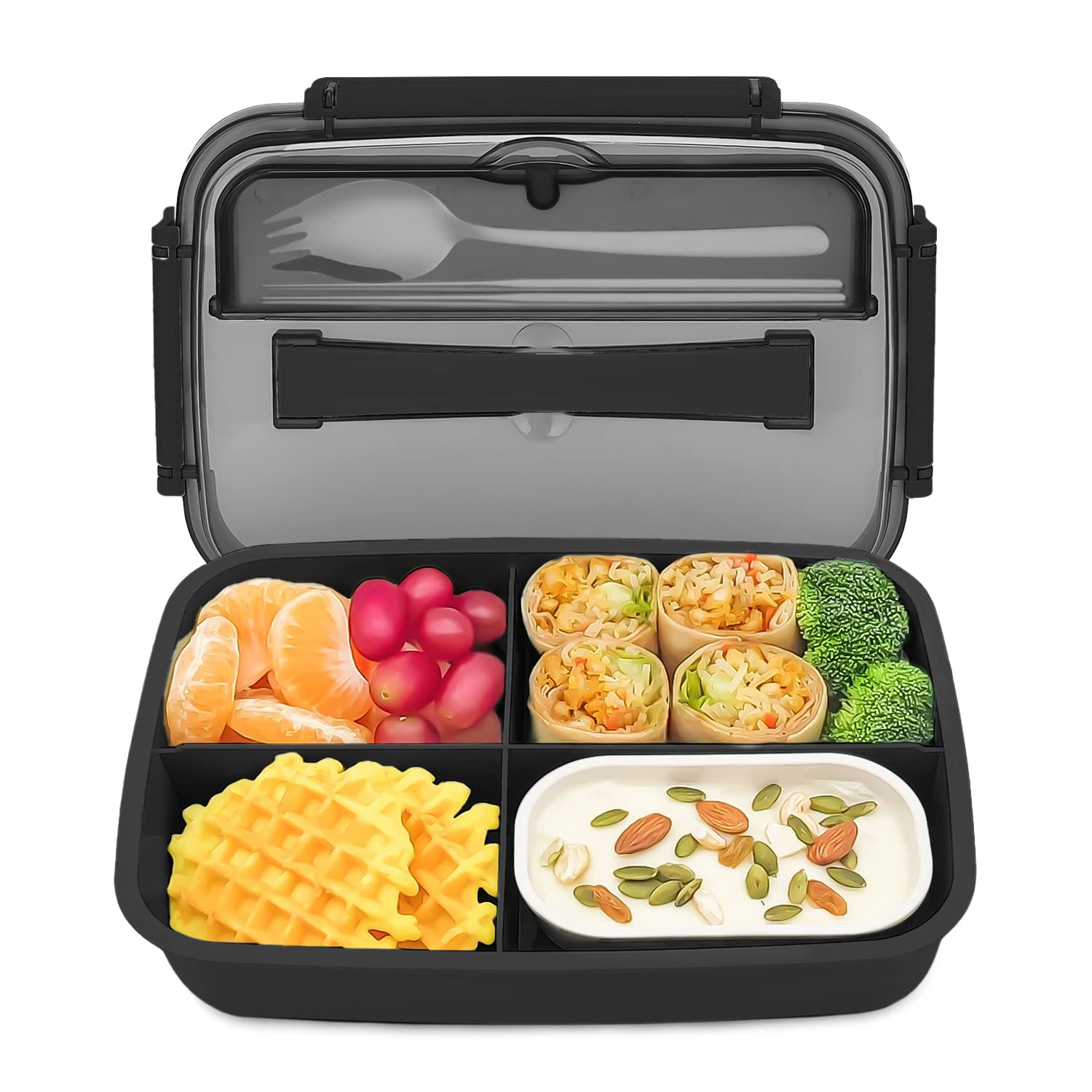 50oz Bento Lunch Box for Adults & Kids - 3 Compartment Meal Prep Container with Sauce Cup, Chopsticks & Spork - Perfect for Office, School, Picnics & Travel - Black
