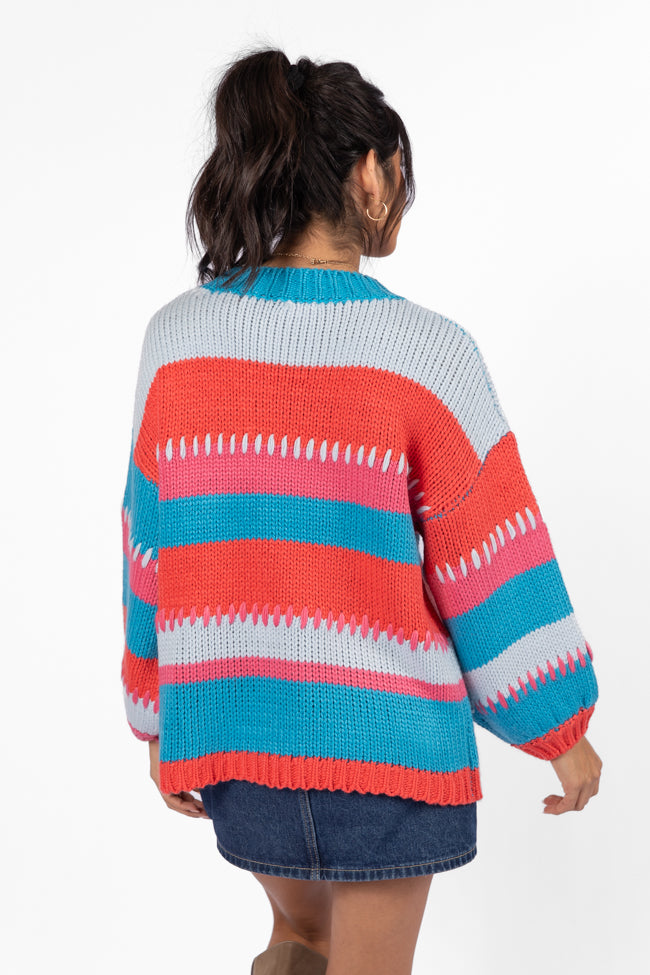 Blue Multi Stripe Chunky Knit Stitch Detail Sweater - Cozy Winter Pullover for Women | Perfect for Casual Outfits, Holiday Parties & Cold Weather Layering