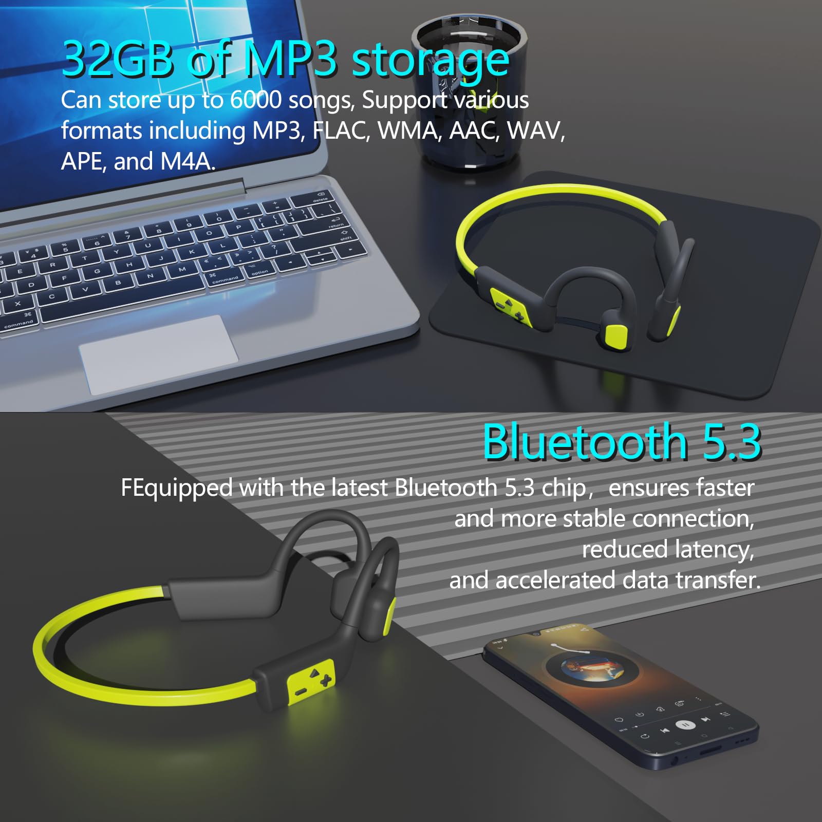 Lightweight Open Ear Bone Conduction Headphones with Bluetooth 5.3, Built-in Mic & 32GB MP3 Player - IP68 Waterproof Wireless Headset for Running, Swimming, Cycling, Gym Workouts & Outdoor Activities (Green)