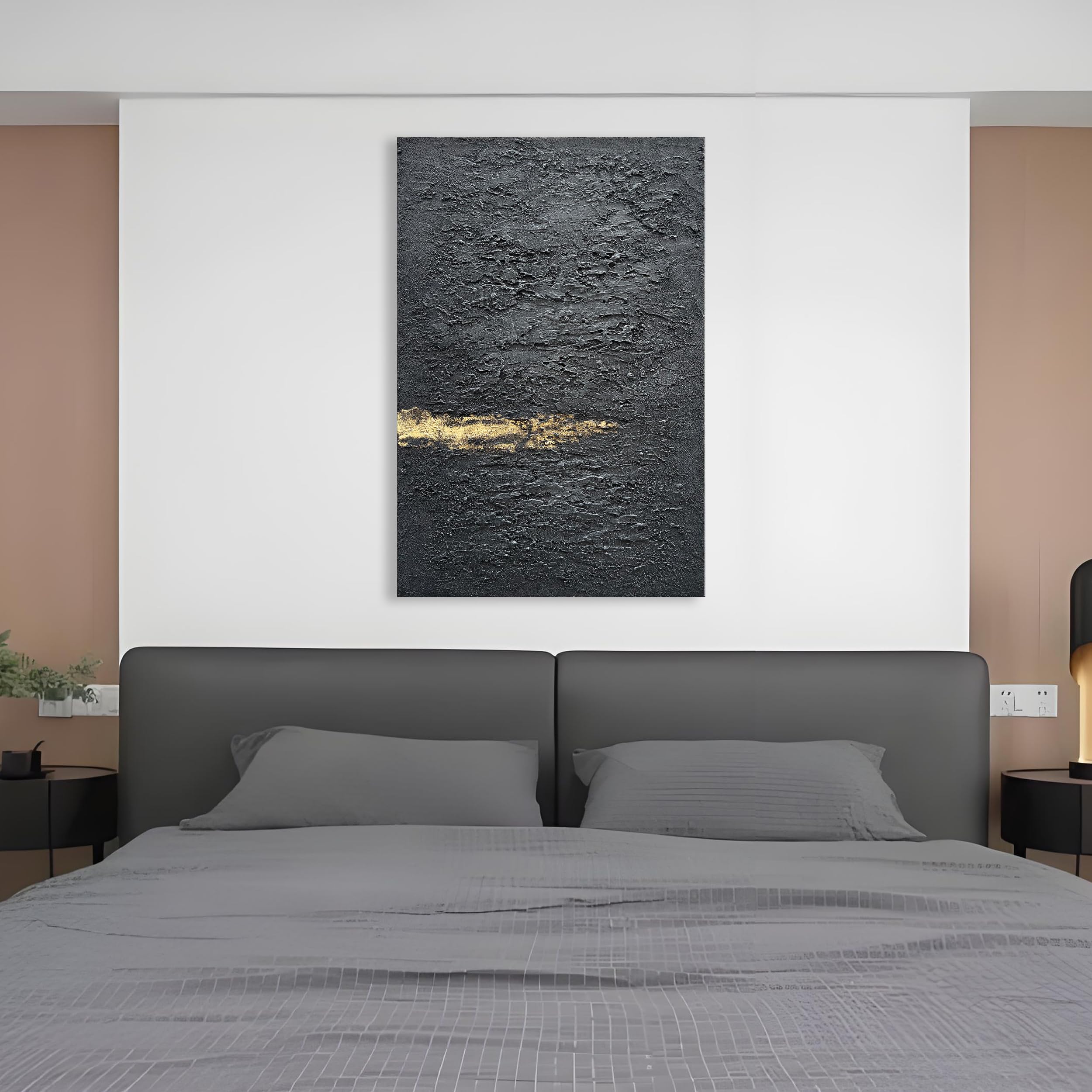 Hand Painted 36x24 Inch Black and Gold Abstract Wall Art - Thick Texture Oil Painting for Modern Home Decor | Perfect for Living Room, Bedroom or Office