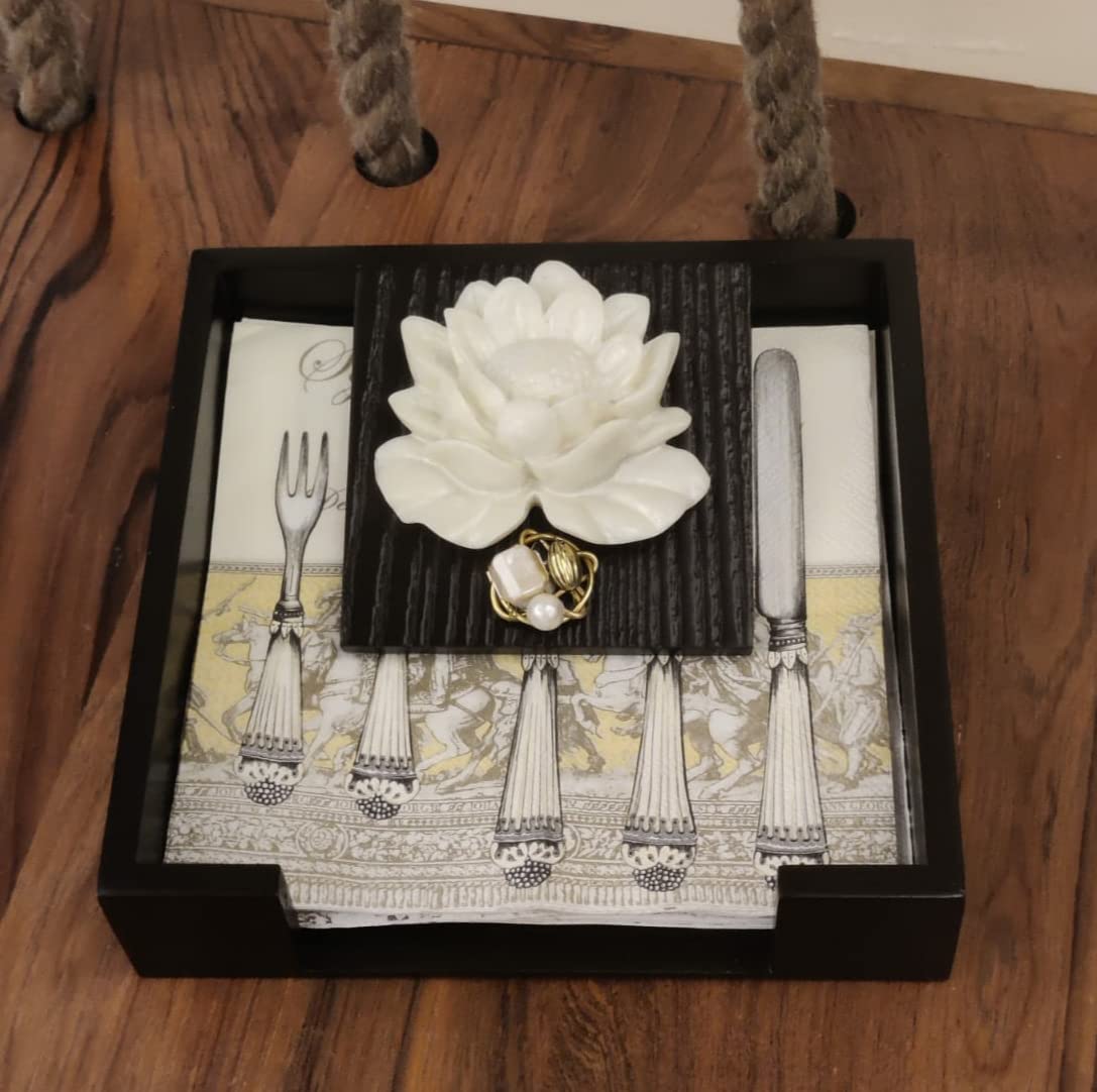 Wooden MDF Flat Napkin Holder for Dining Table - Weighted Flap Cocktail Tissue Paper Stand, Stylish Lotus Design for Home, Restaurant & Party Decor