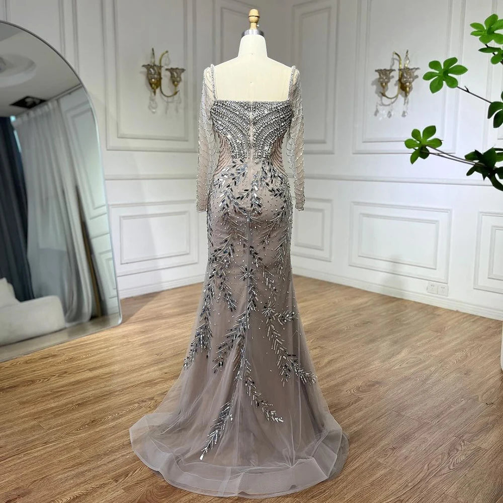 Elegant Arabic Silver Beaded Mermaid Evening Gown for Women - Luxury Dubai Wedding Party Dress 2025 LA72513 | Perfect for Formal Events, Galas & Special Occasions