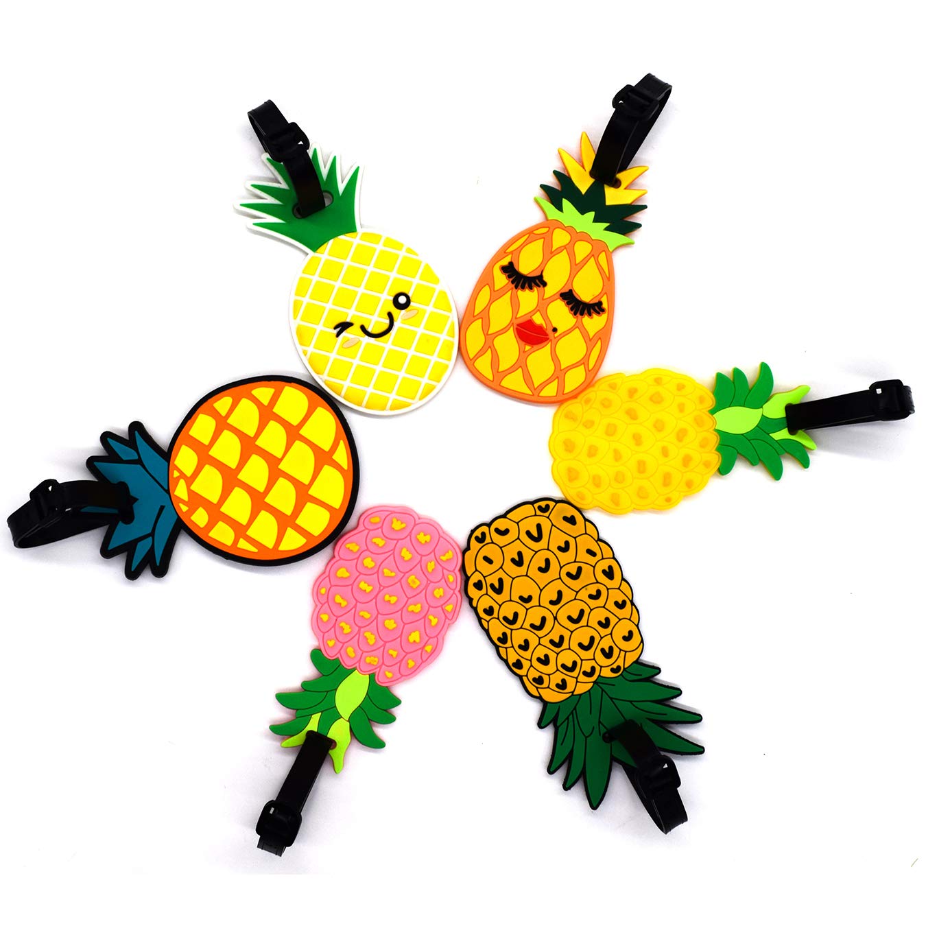 AUEAR 6-Pack Pineapple Silicone Luggage Tags - Waterproof ID Name Card Holders for Suitcases, Bags & Backpacks - Perfect for Travel, Vacation & Airport Identification