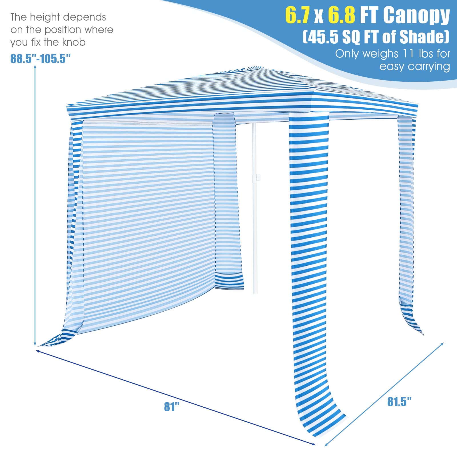 6.7’ x 6.8’ Portable Beach Cabana Tent - Easy Setup Sun Shelter with Adjustable Height, Detachable Sidewall, Carry Bag & 4 Sandbags (NP10352BL) - Perfect for Beach, Poolside, Camping & Outdoor Family Gatherings