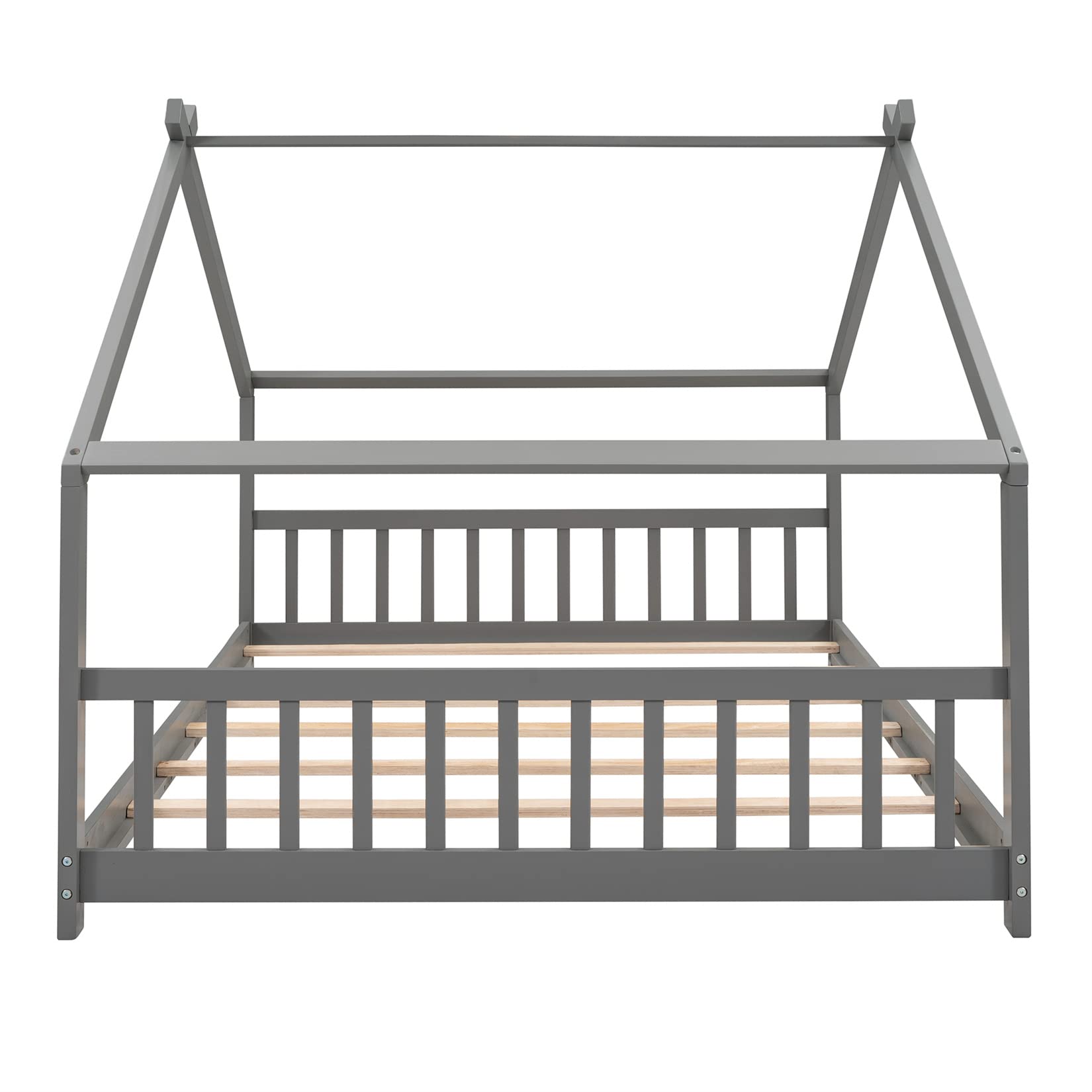 Montessori Kids Bed Frame - Full Size Wood Platform Bed with Headboard & Footboard for Boys, Girls & Teens | Gray House Bed for Children's Room, Playroom & Dormitory