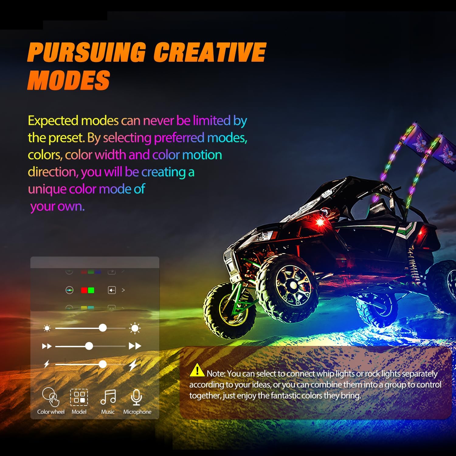 2Pcs 3FT Spiral Antenna Bluetooth Remote App Controlled LED Whip Lights | 8Pcs RGB Rock Lights | 5Pin Wire Switch Kit for Off-Road Vehicles, ATV, UTV, Jeep & Truck Night Riding & Adventure