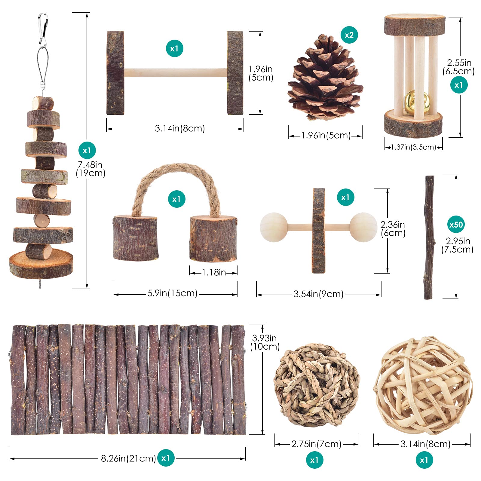 ERKOON 11 Pack Natural Apple Wood Chew Toys for Chinchillas, Hamsters, Gerbils, Rats & Guinea Pigs - Teeth Care Accessories with Ladder, Bell & Roller - Perfect for Cage Enrichment & Small Pet Dental Health