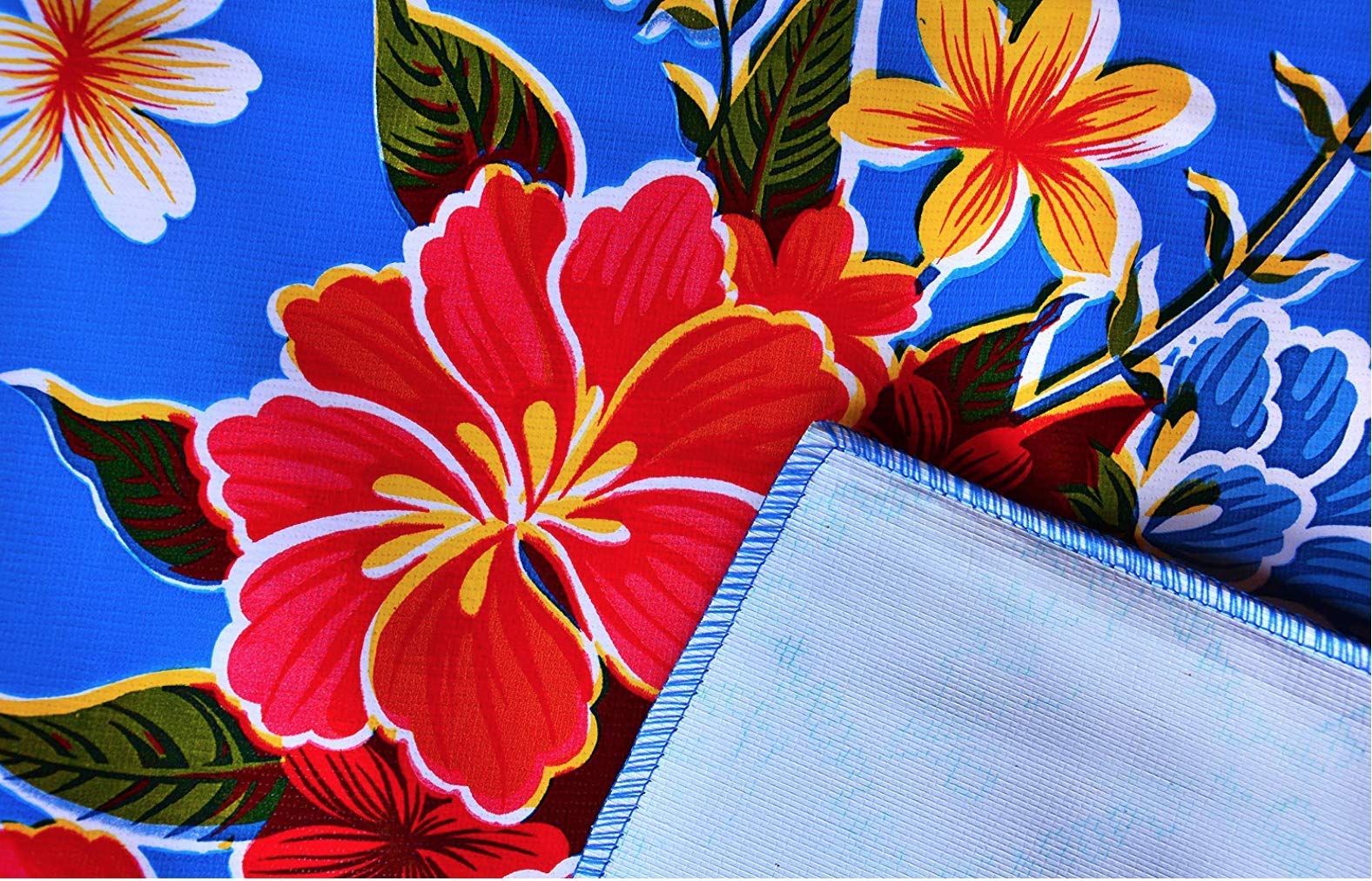 Premium Hibiscus Flowers Oilcloth Tablecloth - Waterproof & Washable Plastic Vinyl Table Cover (55x55in Square) in Blue & Red - Perfect for Patio, Picnic, Kitchen, and Outdoor Dining Decor
