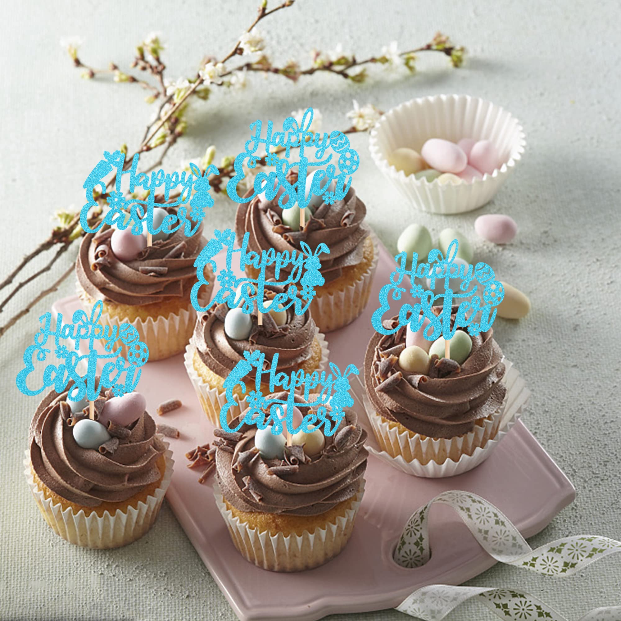 24-Piece Glitter Easter Cupcake Toppers Set - Bunny Rabbit, Carrot & Egg Decorations for Easter Parties, Baby Showers & Kids Birthday Cakes - Blue (Perfect for Easter Dessert Decor, Holiday Baking & Spring Celebration Treats)