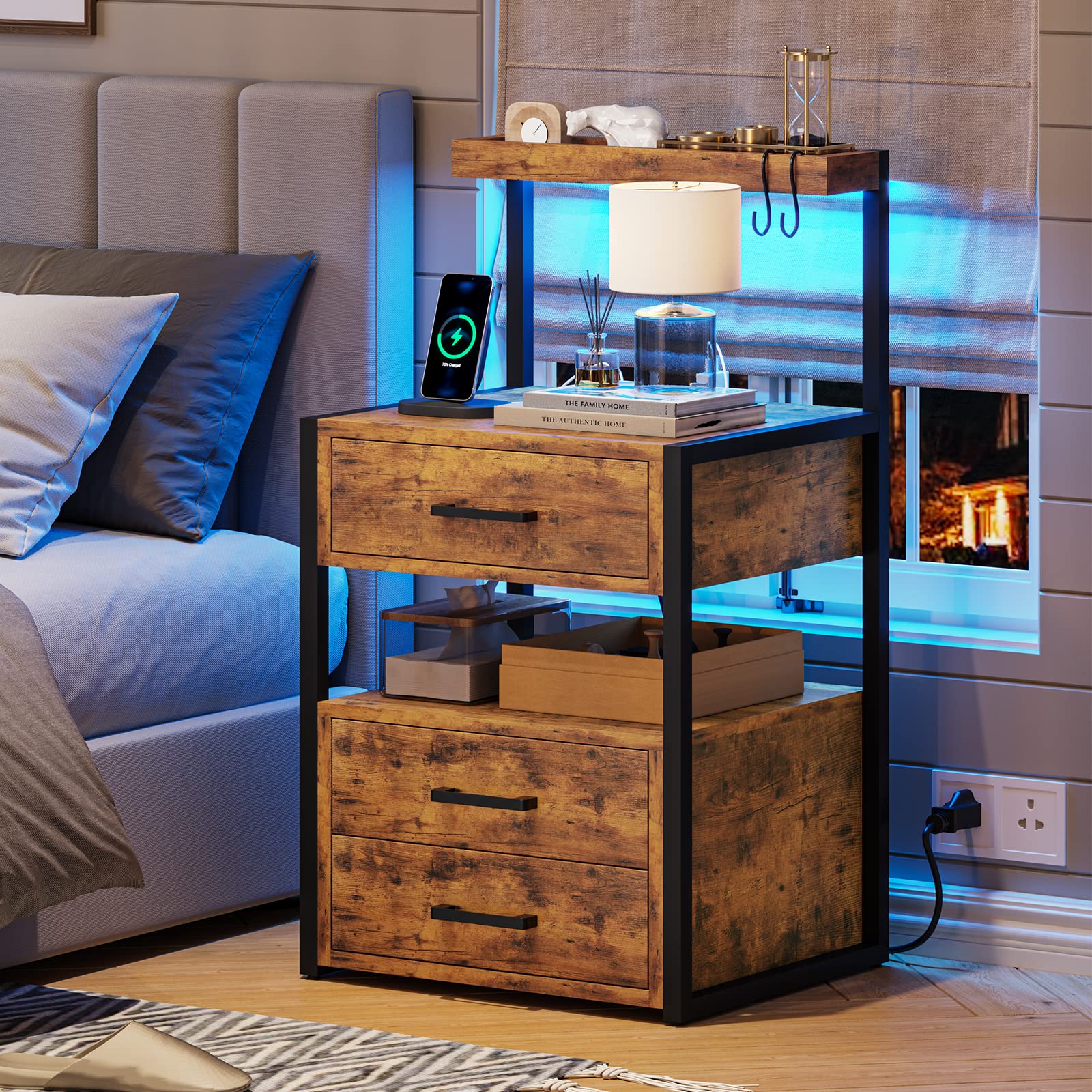 AOGLLATI Nightstand Set of 2 with USB Charging Station & LED Lights, 3-Drawer Bedside Table with Open Shelves, 2 USB Ports & 2 AC Outlets - Rustic Brown Modern Bedside Storage for Bedroom, Living Room & Office Use