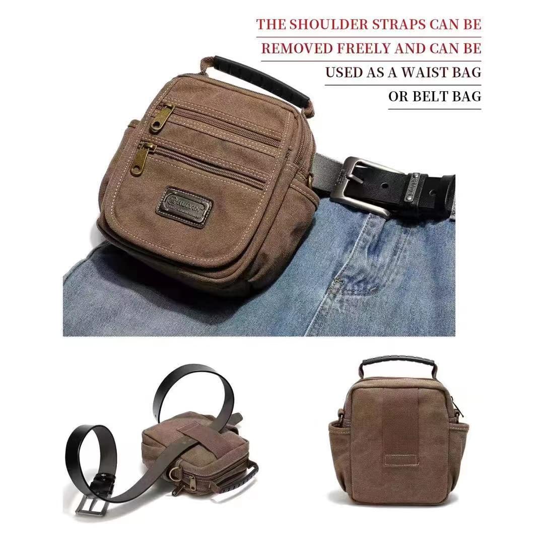 Men's Small Canvas Crossbody Phone Purse Bag - Mini Messenger Waist Belt Side Bag for Travel, Hiking & Daily Essentials (Black)