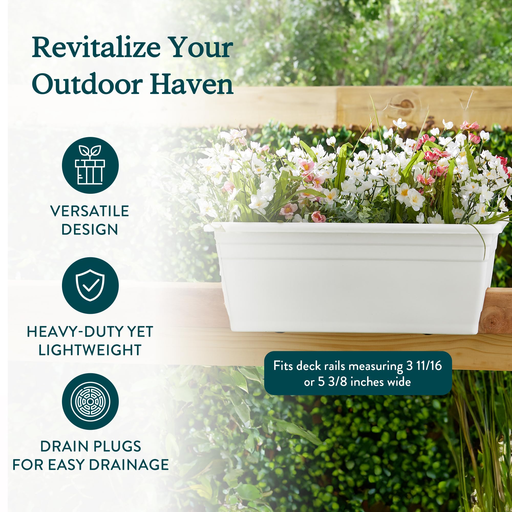 The HC Companies 24 Inch Heavy Duty Plastic Deck Rail Planter Box with Drainage Holes - White (5 Pack) - Perfect for Balcony, Patio, and Garden Flower Planting