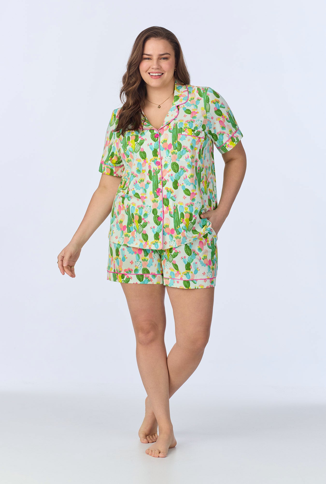 Cactus Garden Short Sleeve Stretchy Jersey Pajama Set - Soft & Comfortable Sleepwear for Women, Perfect for Lounging & Bedtime