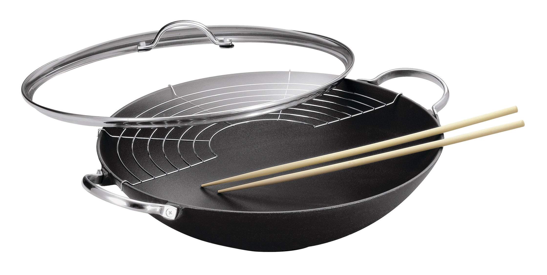KUHN RIKON 14-Inch Black Cast Iron Wok Pan - Heavy Duty Stir Fry Pan with Wooden Handle - Perfect for Asian Cooking, Stir Frying, Deep Frying & Sautéing - Ideal for Gas, Electric & Induction Stovetops