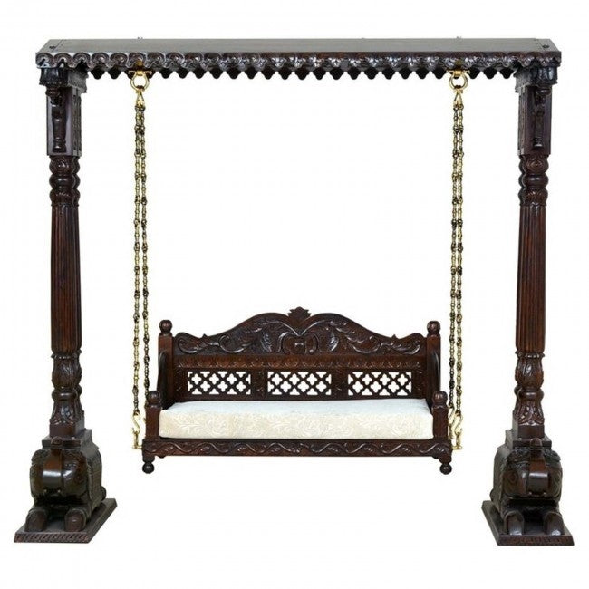 Hand Carved Elephant Design Swing Daybed - Outdoor Hanging Bed for Porch, Patio, Garden Relaxation & Boho Decor