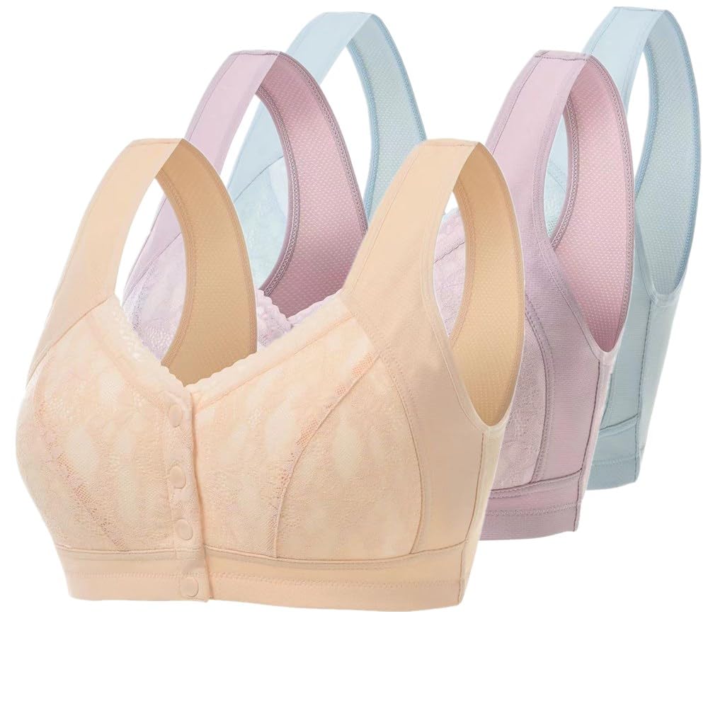 3 Pack Women's Front Close Cotton Bras - Soft, Adjustable & Non-Padded Everyday Comfort for Work, Yoga & Relaxation