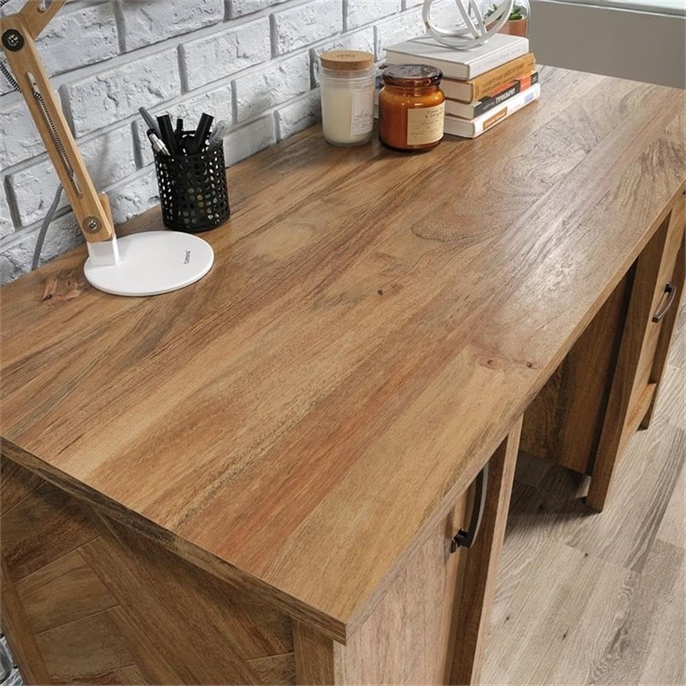 Pemberly Row Coastal Engineered Wood Computer Desk in Sindoori Mango/Brown - Modern Home Office Desk for Small Spaces, Remote Work & Study - Durable Writing Table with Storage Shelf