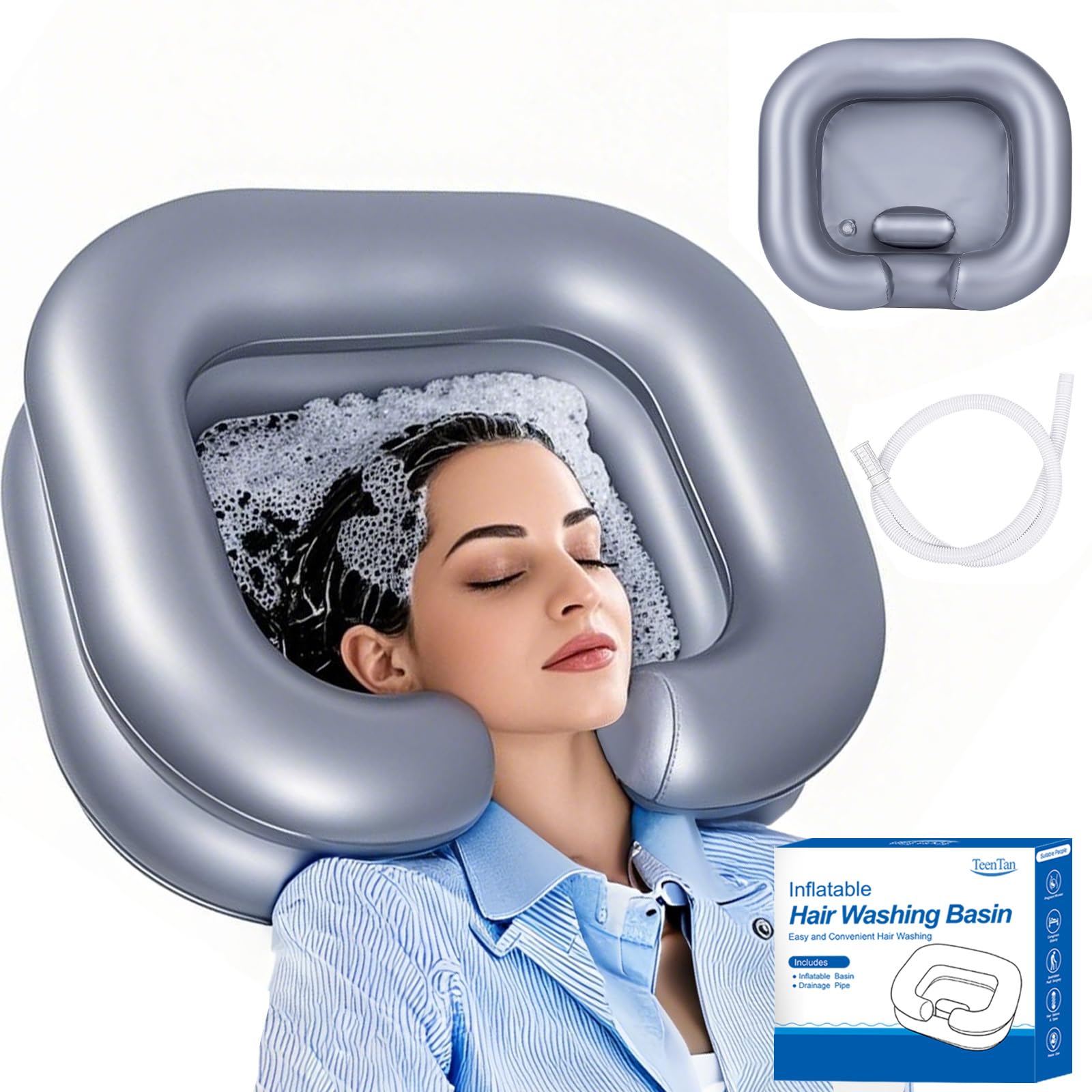 **Portable Inflatable Shampoo Basin for Bedridden & Disabled - Easy Hair Washing at Home for Injured, Children & Pregnant Women (Silvery) - Ideal for Home Care & Salon Use**