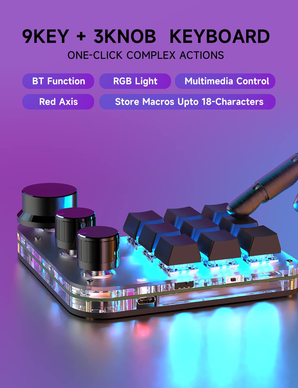 9-Key RGB Macro Mechanical Keyboard - Mini USB Keypad with 3 Knobs for Gaming & Programming | One-Handed Hot-Keys for OSU & NKRO