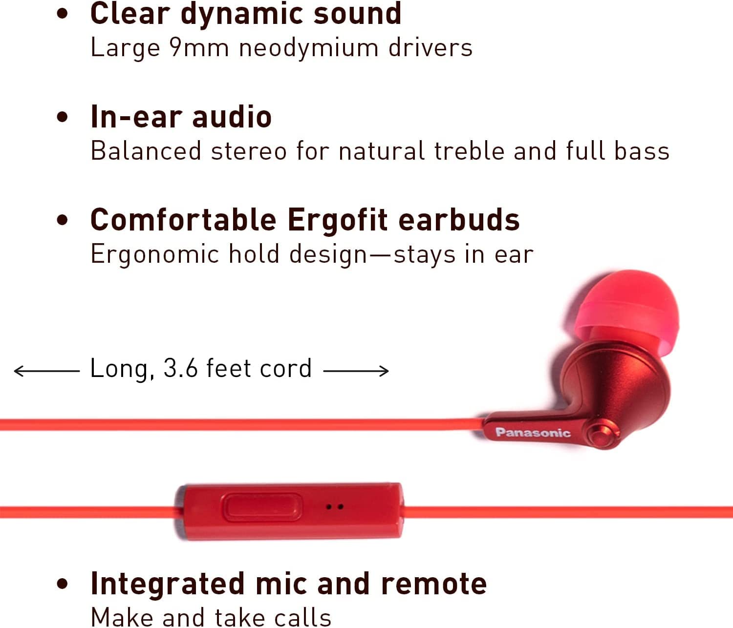 Panasonic RPTCM125PPR ErgoFit In-Ear Earbuds with Microphone & Remote - Metal Red | Noise Isolating Headphones for Gym, Running, Travel & Daily Use