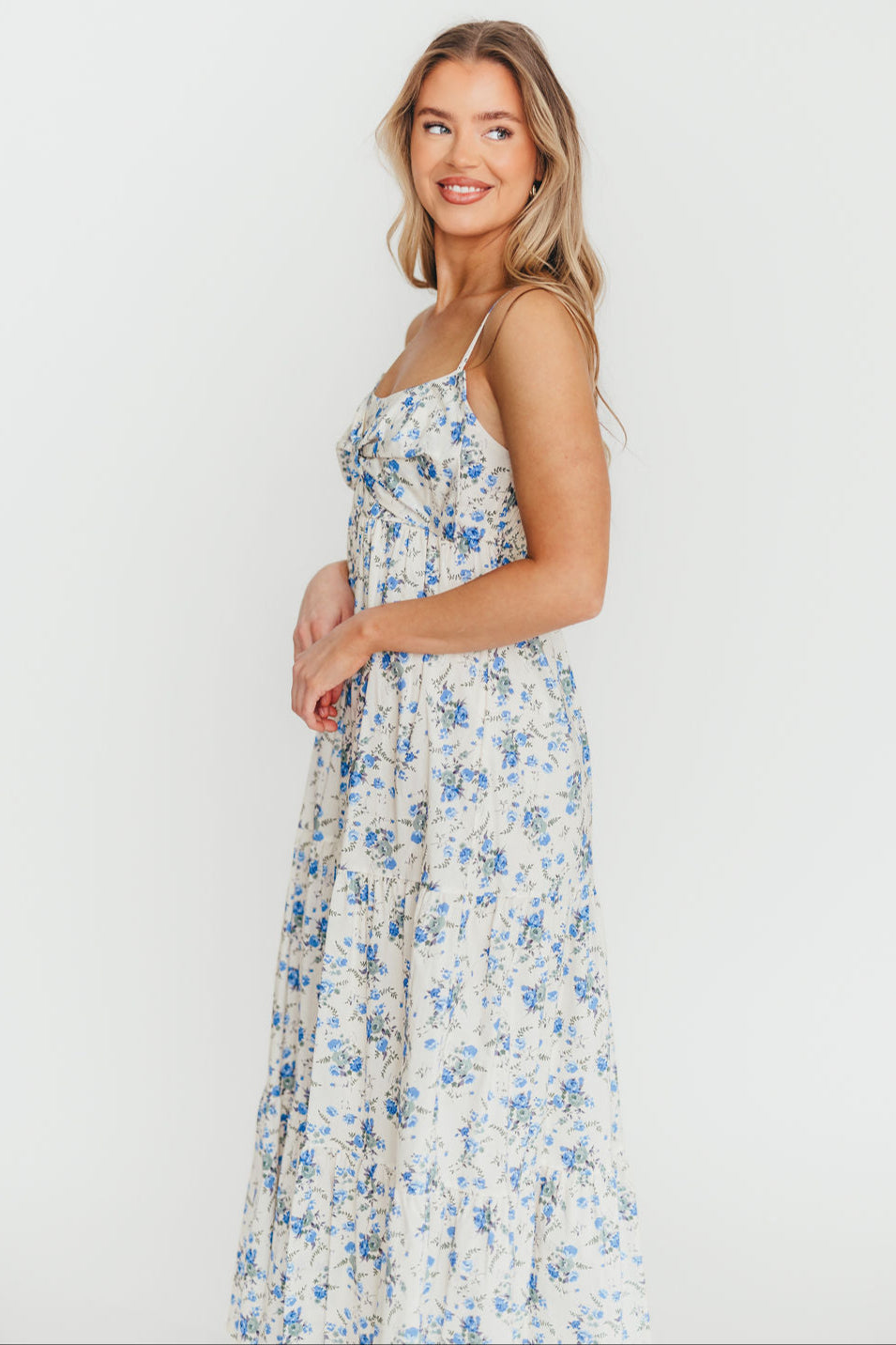 Cecile Women's 100% Cotton Floral Maxi Dress with Bow Front - Cream & Blue Floral Print - Perfect for Summer, Beach, Vacations & Casual Outings