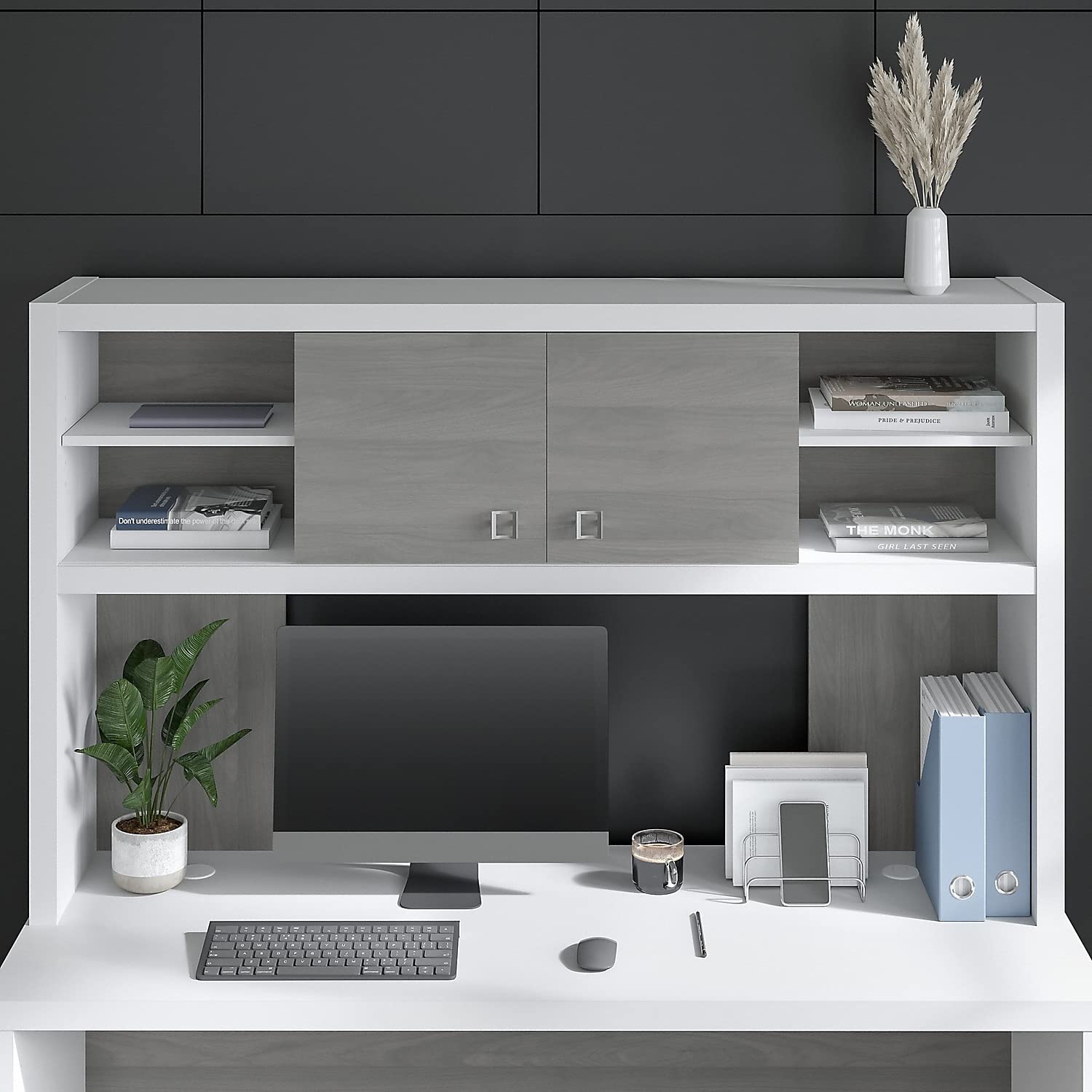 Bush Business Furniture Echo 60W Hutch - Pure White & Modern Gray Office Desk Organizer | Perfect for Home Office, Study Room & Workspace Organization