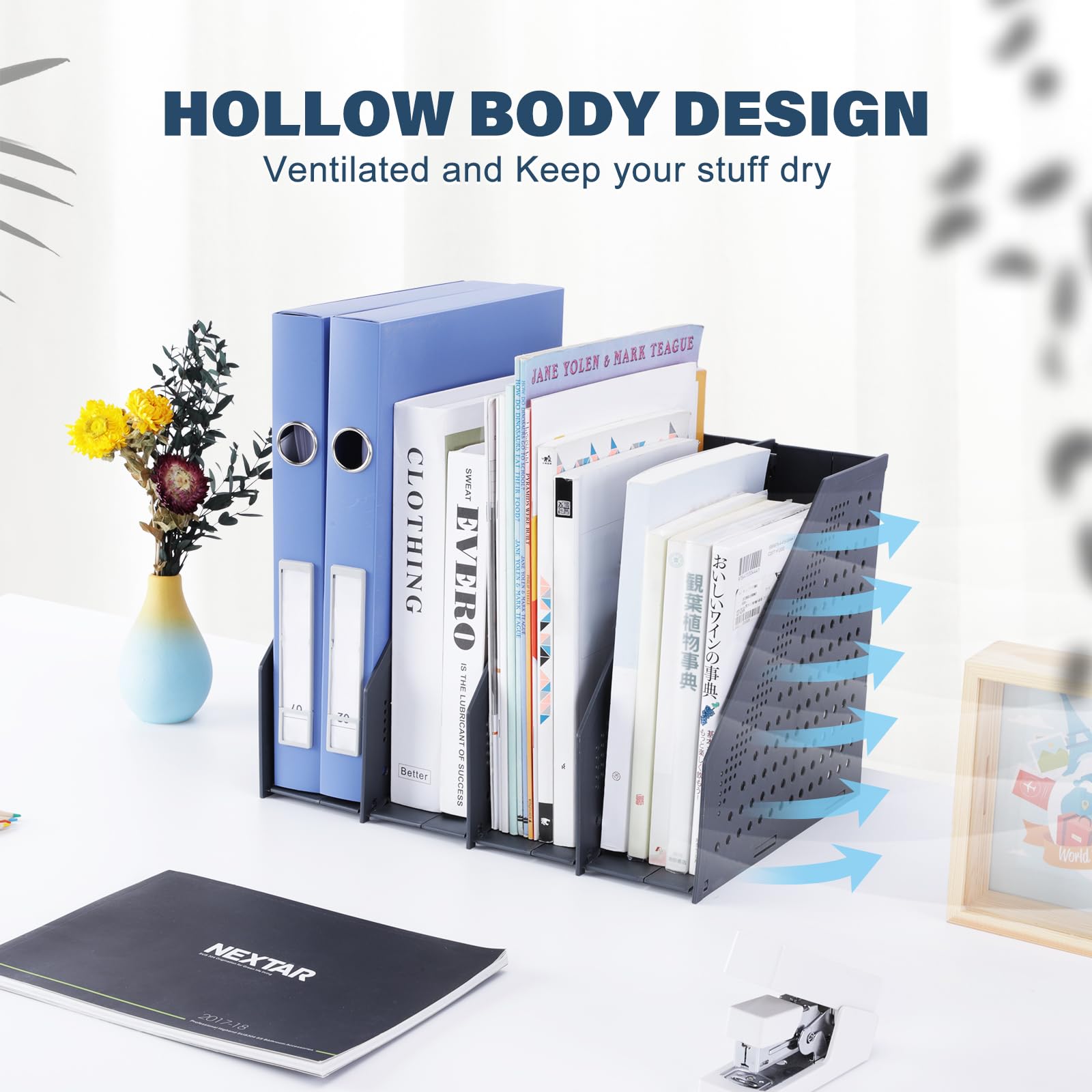 Foldable Magazine File Organizer with 4 Vertical Compartments - Space-Saving Desk Binder Holder, Dark Gray Plastic Shelf Storage for Office, Home & School Use - Perfect for Organizing Documents, Books & Office Supplies