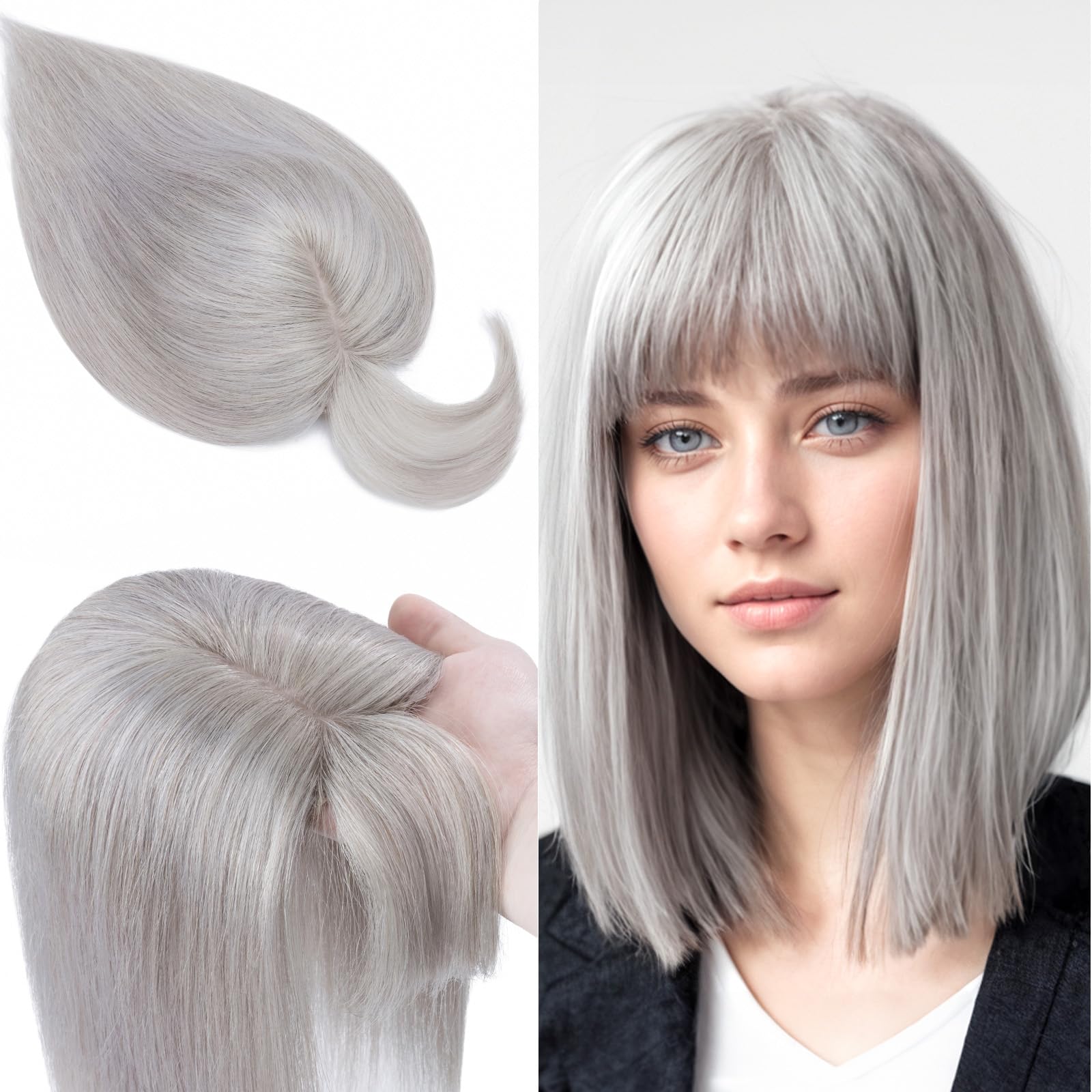 SEGO 100% Real Human Hair Toppers with Bangs - Silk Base 150% Density Clip-in Hairpiece (2.7”x5.1”) for Women with Thinning Hair & Hair Loss - Natural Gray Coverage | Perfect for Daily Wear, Special Occasions & Hair Volume Enhancement