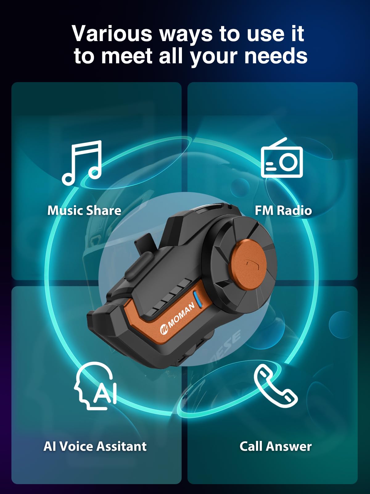 Moman H2Pro Wireless Motorcycle Helmet Headset - Bluetooth Intercom, Voice Assistant, Music Sharing, FM Radio, IP65 Waterproof, DSP & CVC Noise Cancellation (1 Pack, Orange) - Perfect for Group Riding, Solo Adventures & Long-Distance Motorcycle Trips