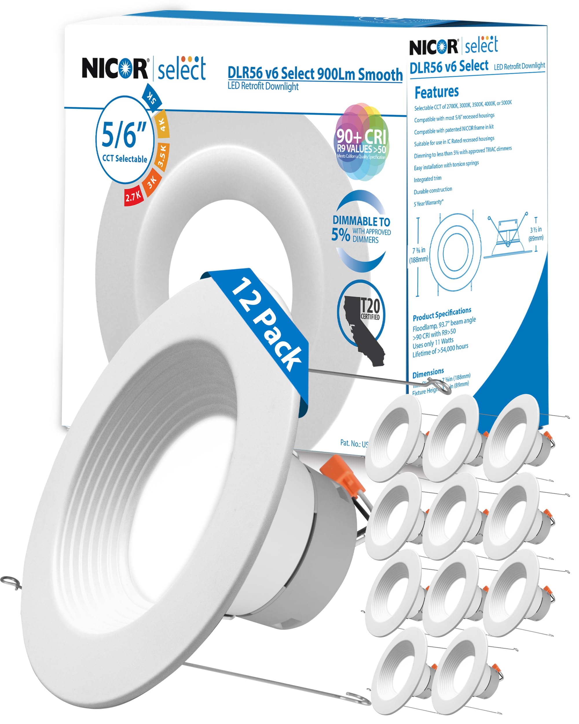 NICOR LED Recessed Ceiling Lights - 5/6 Inch Dimmable Downlight Fixtures with Selectable CCT 2700K-5000K, 918 Lumens, 10.3W - DLR56 Retrofit Recessed Lighting Kit (12-Pack, White Baffle) - Perfect for Living Rooms, Kitchens, and Commercial Spaces