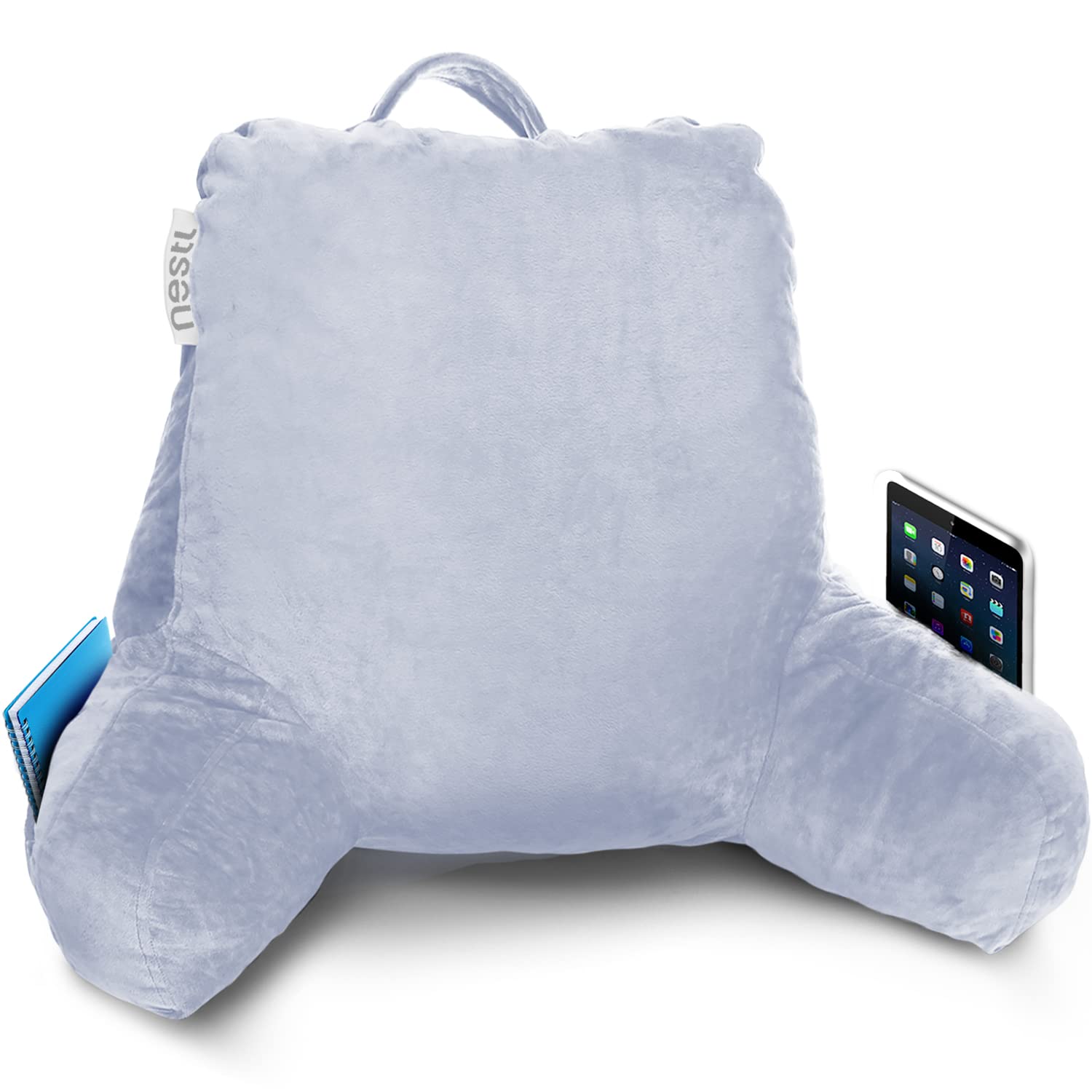 Nestl Reading Pillow with Shredded Memory Foam - Standard Bed Pillow & Back Support for Sitting in Bed - Ice Blue Chair Pillow with Pockets for Reading, Relaxing & Arm Support - Perfect for Bed Rest, Nursing, Studying or Watching TV