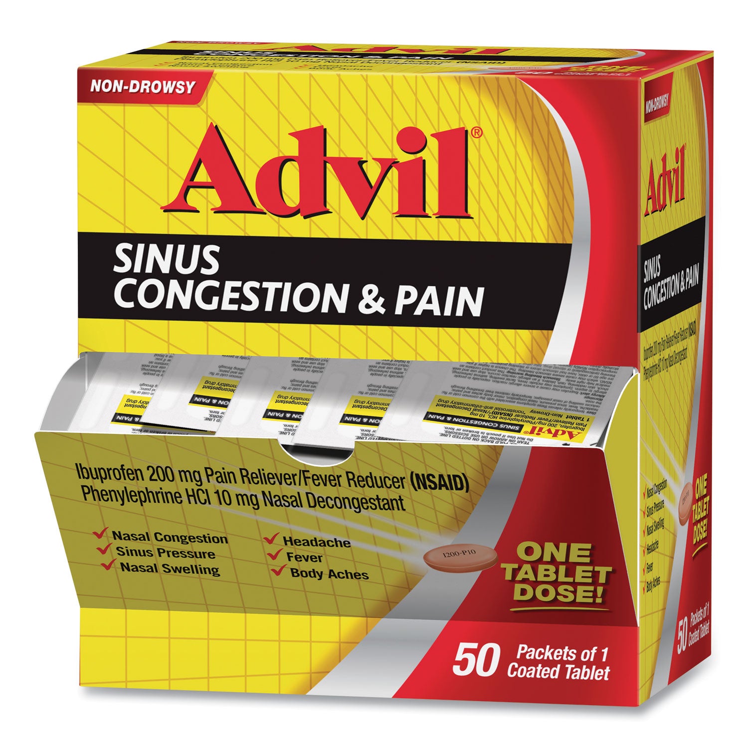 Advil® Sinus Congestion & Pain Relief Tablets - 50 Count | Fast-Acting Ibuprofen for Headache & Cold Relief | Home, Office & Travel First Aid Kit Essential
