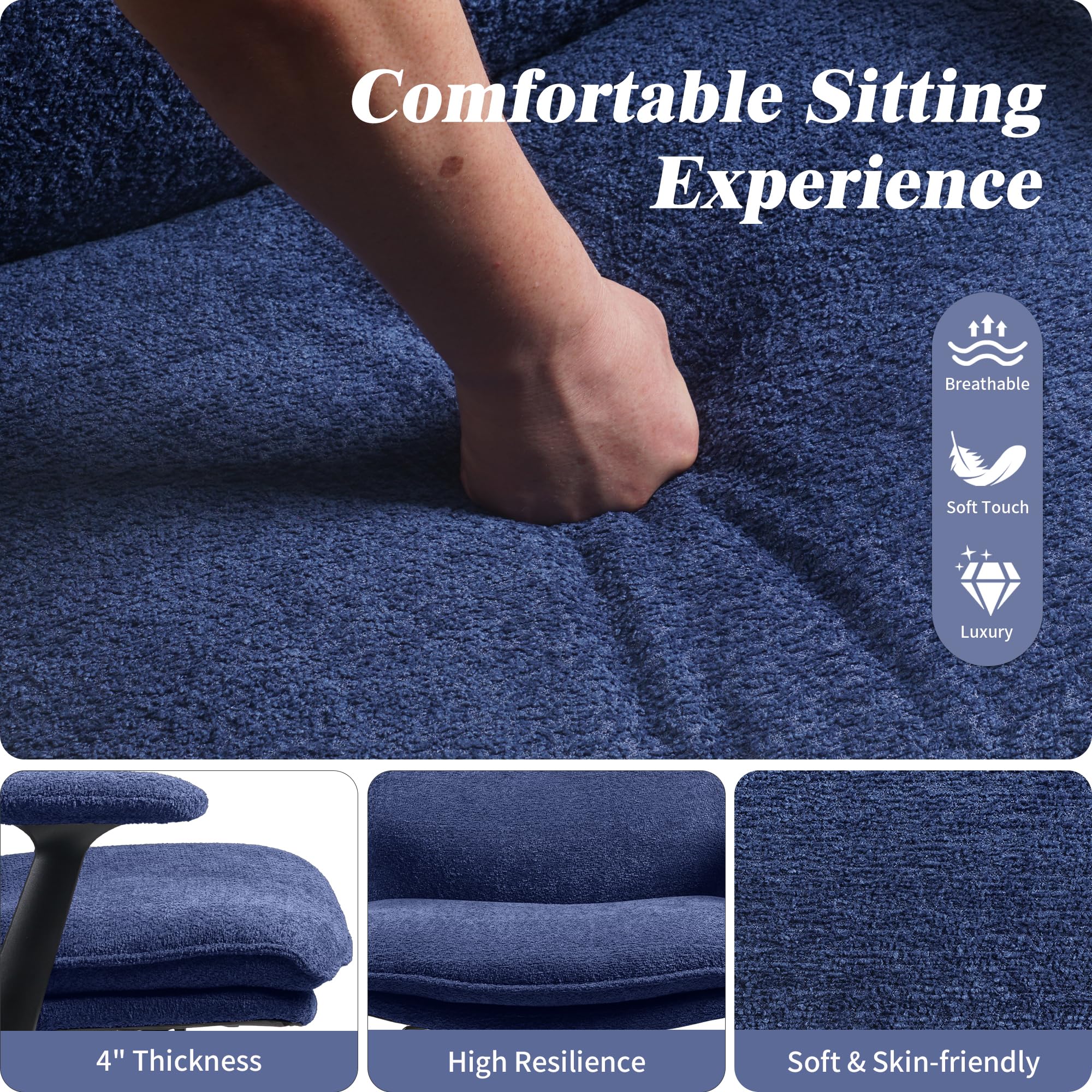 Ergonomic Cross Legged Office Chair with Wheels - Adjustable Flip-Up Armrests & Wide Seat - Navy Blue Upholstered Desk Chair for Home Office, Vanity, Apartment - Perfect for Meditation, Reading & Computer Work