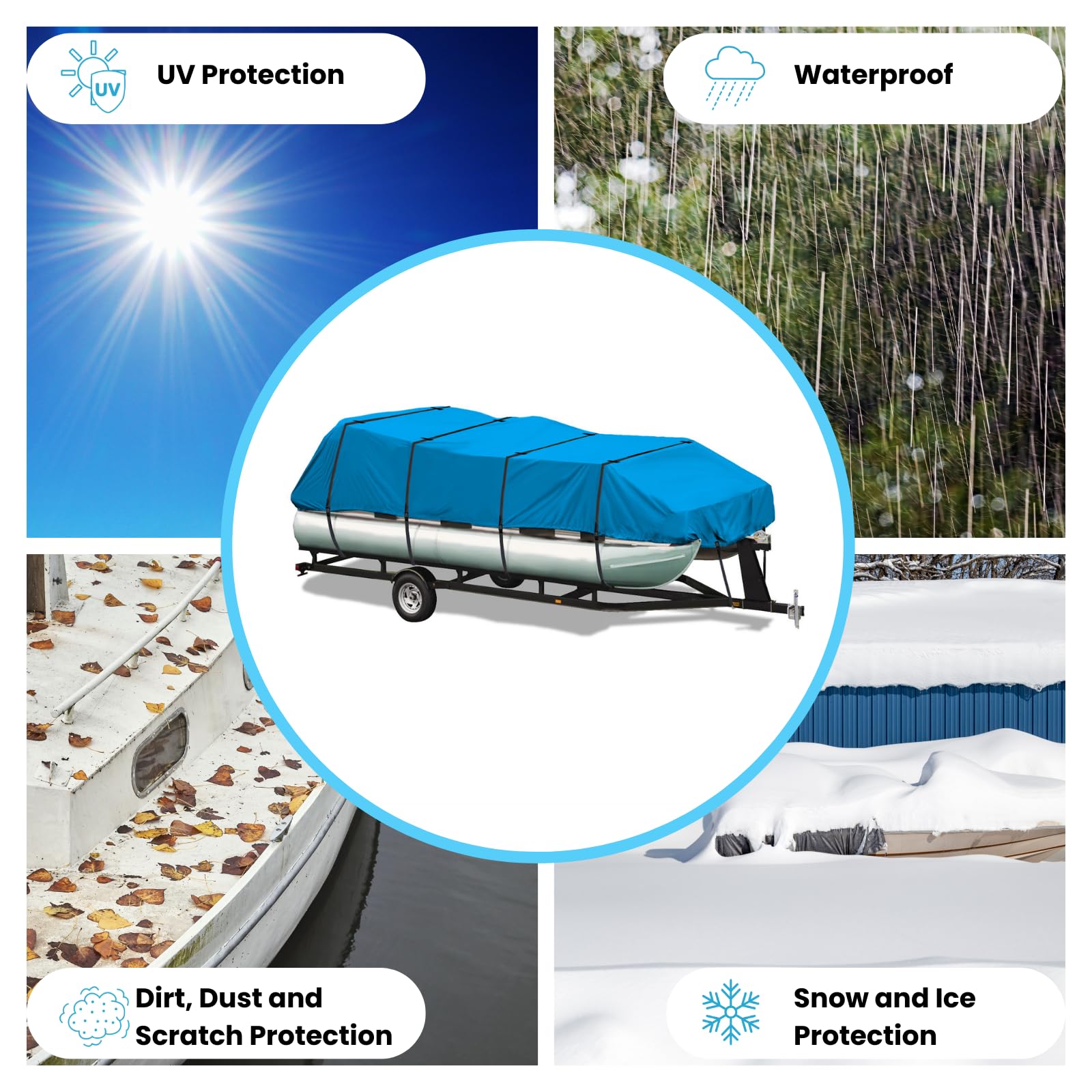 Heavy Duty 600D Polyester Waterproof Pontoon Boat Cover - Marine Grade Trailerable Deck Cover for 14ft to 17ft Boats (96