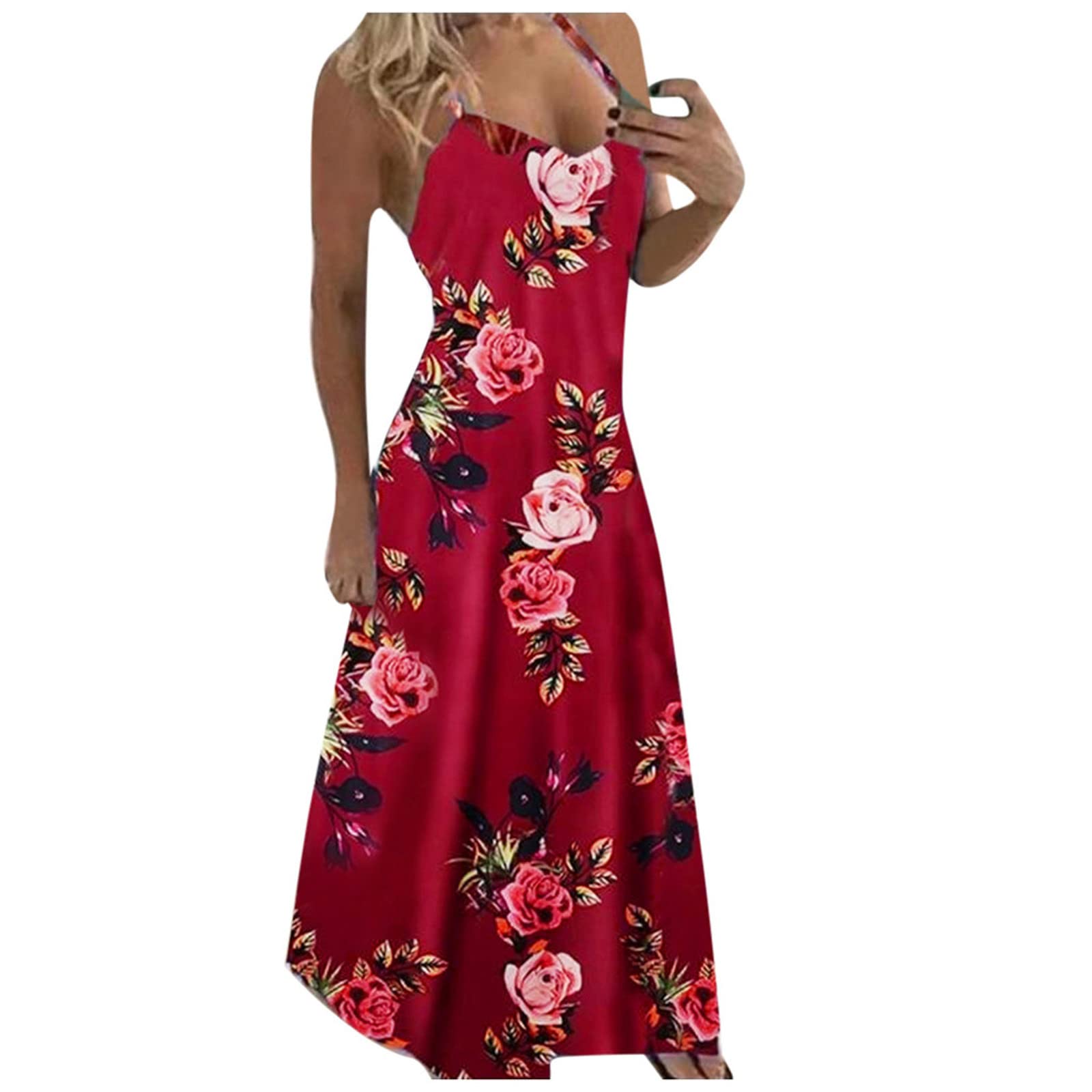 Women's Summer Comfortable Long Skirt Sleeveless Loose Printed Suspender Dress with Pockets - Casual Boho Maxi Dress for Beach, Vacation & Everyday Wear