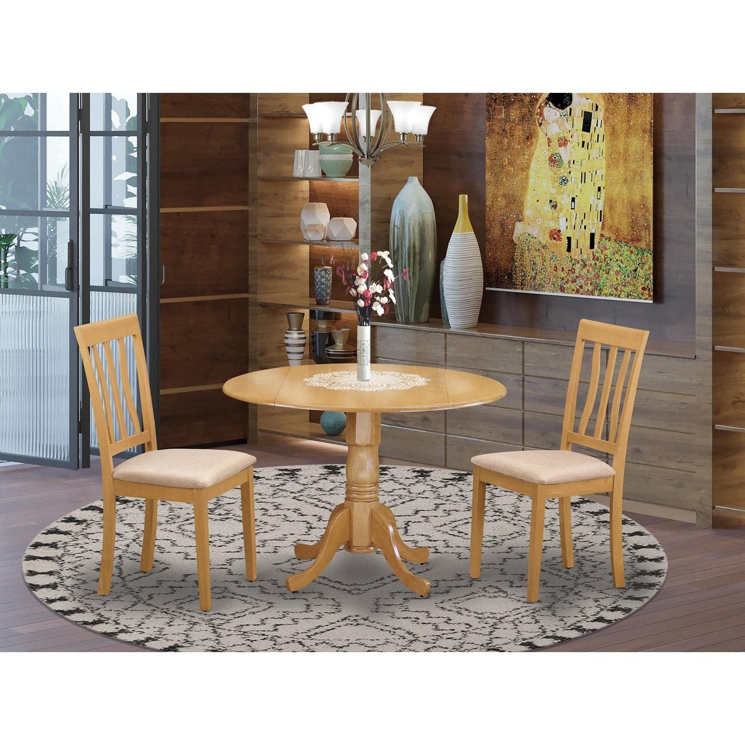 East West Furniture DLAN3-OAK-C 3-Piece Round Kitchen Table Set with Drop Leaf & 2 Upholstered Dining Chairs, 42x42 Inch, Oak - Perfect for Small Spaces, Breakfast Nooks & Cozy Dining Rooms