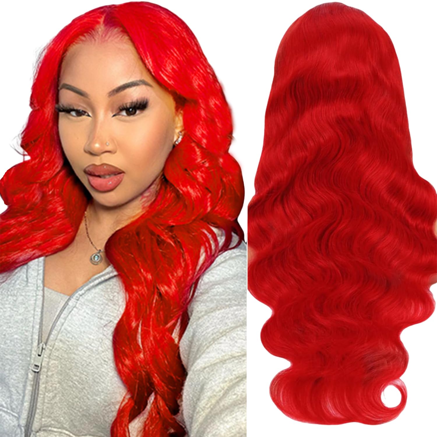 13X6 Red Lace Front Wigs Human Hair - Pre Plucked 210% Density HD Lace Frontal Body Wave Wig with Baby Hair | 24 Inch Vibrant Red Colored Human Hair Wig for Women | Perfect for Cosplay, Parties & Daily Fashion