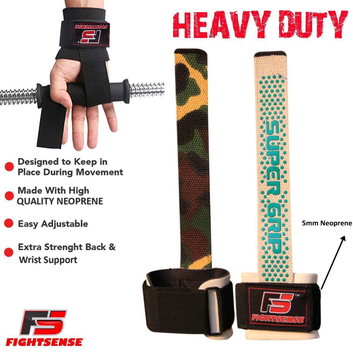 FIGHTSENSE Weight Lifting Straps - Non Slip Wrist Support for Powerlifting & Gym