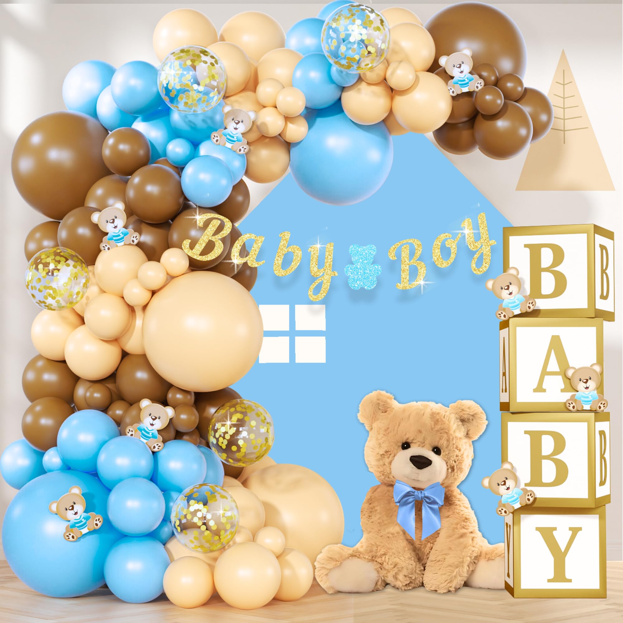 134-Piece Teddy Bear Baby Shower Decor Set for Boys - Gold Glitter Balloon Arch Garland, Baby Boxes, Banner & Bear Cutouts | Gender Reveal, Nursery Party, First Birthday Decorations
