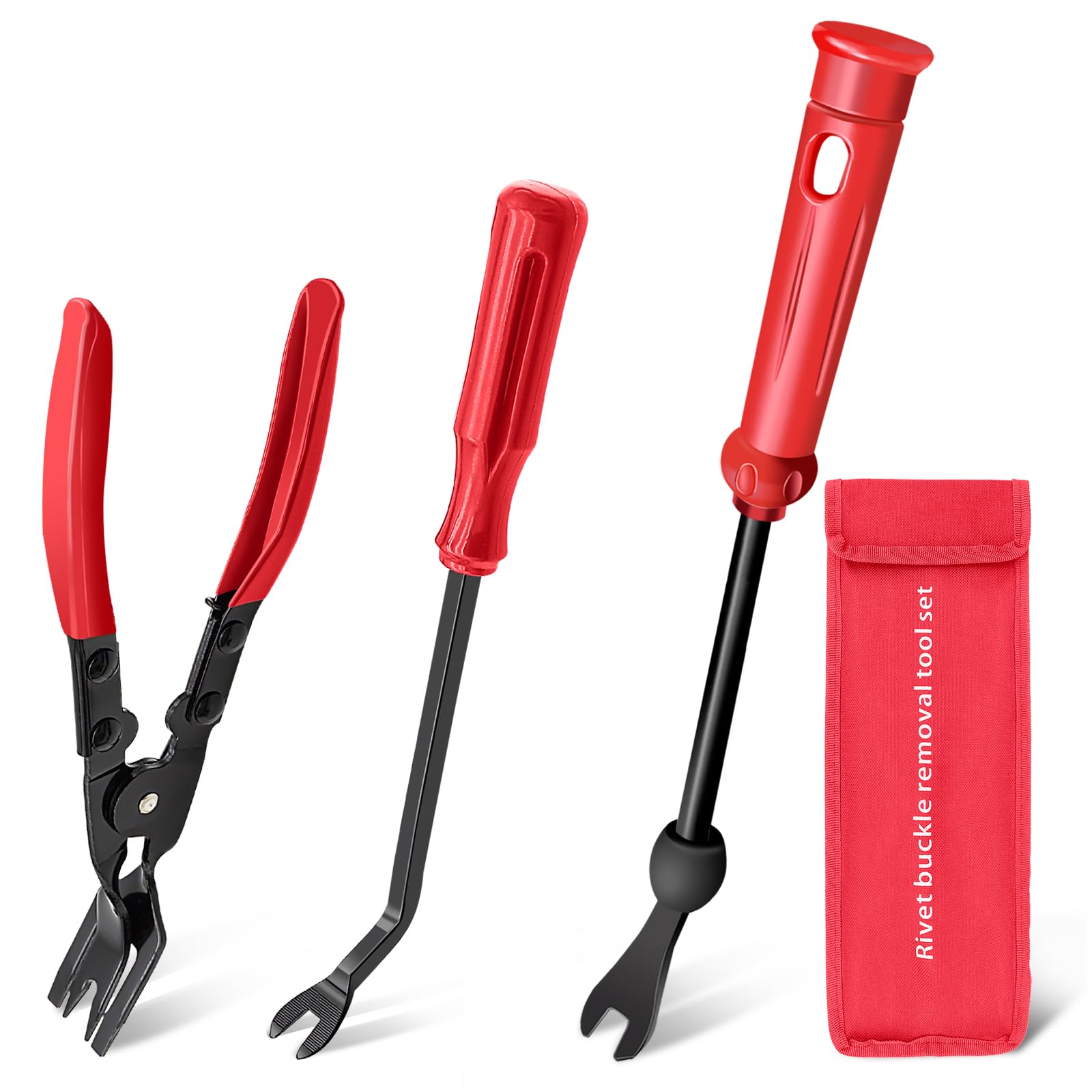 3-Piece Clip Pliers and Fastener Remover Set - Automotive Panel Clip Removal Tool, Car Trim Rivet Pry Tool Kit for Door Panels, Upholstery & Dashboard Repair (Red) - Perfect for DIY Auto Interior Repairs and Detailing