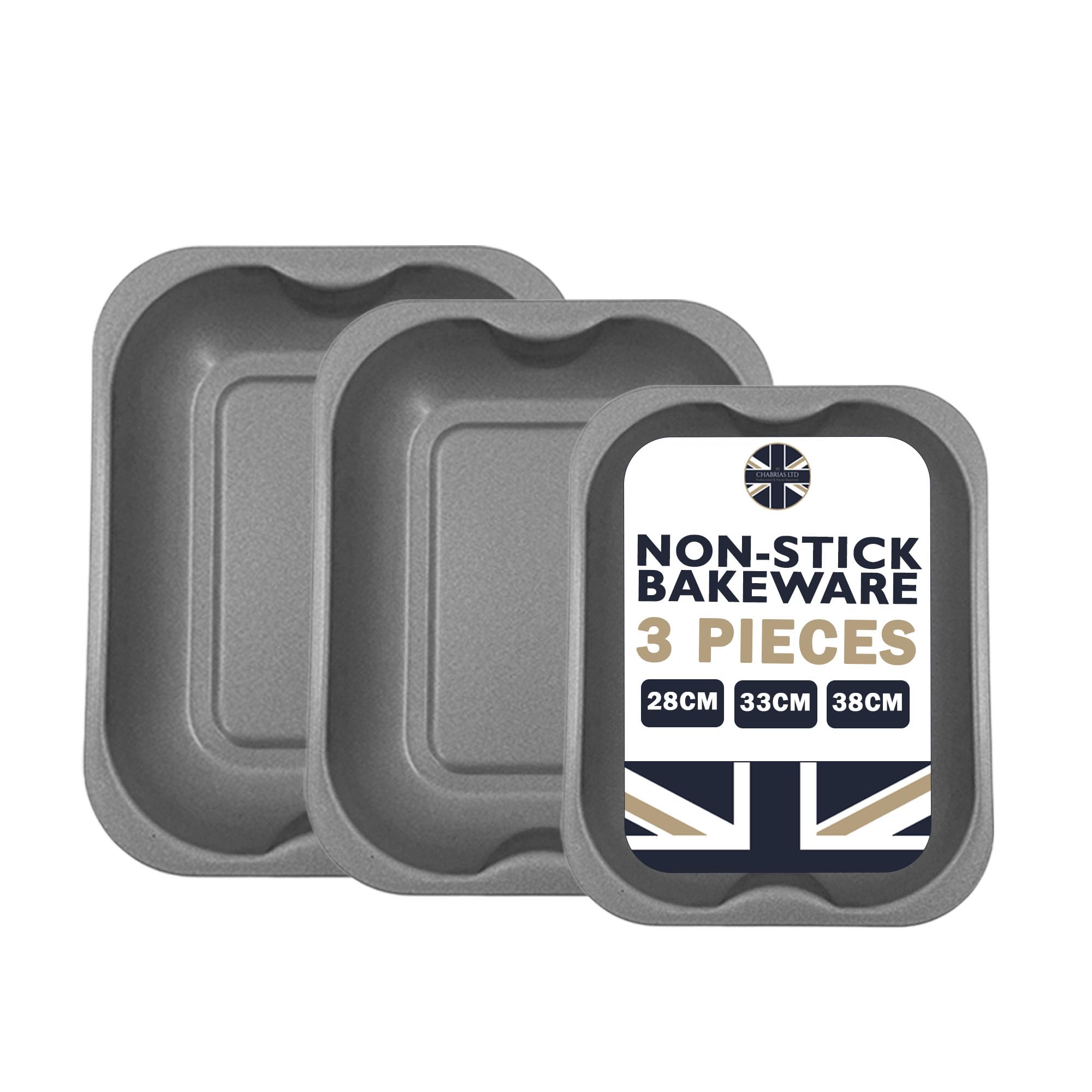 Chabrias Ltd 3-Piece Non-Stick Baking Sheet Set - Small (28cm), Medium (33cm), Large (38cm) Oven Trays for Roasting, Baking, Cooking - Dishwasher Safe & Easy Clean - Perfect for Cookies, Pizza, Vegetables & Meal Prep