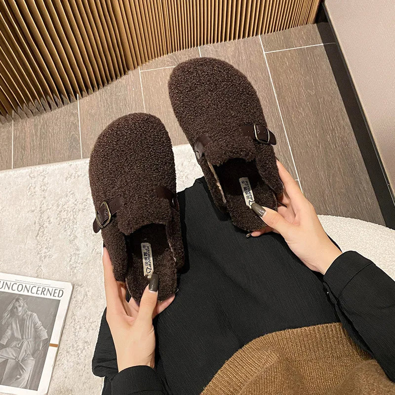2023 Winter Warm Women's Plush Slippers - Cozy Indoor/Outdoor Flat Shoes for Home & Office - Ladies Casual Mules Size 41-43 - Perfect for Lounging, Working & Winter Comfort