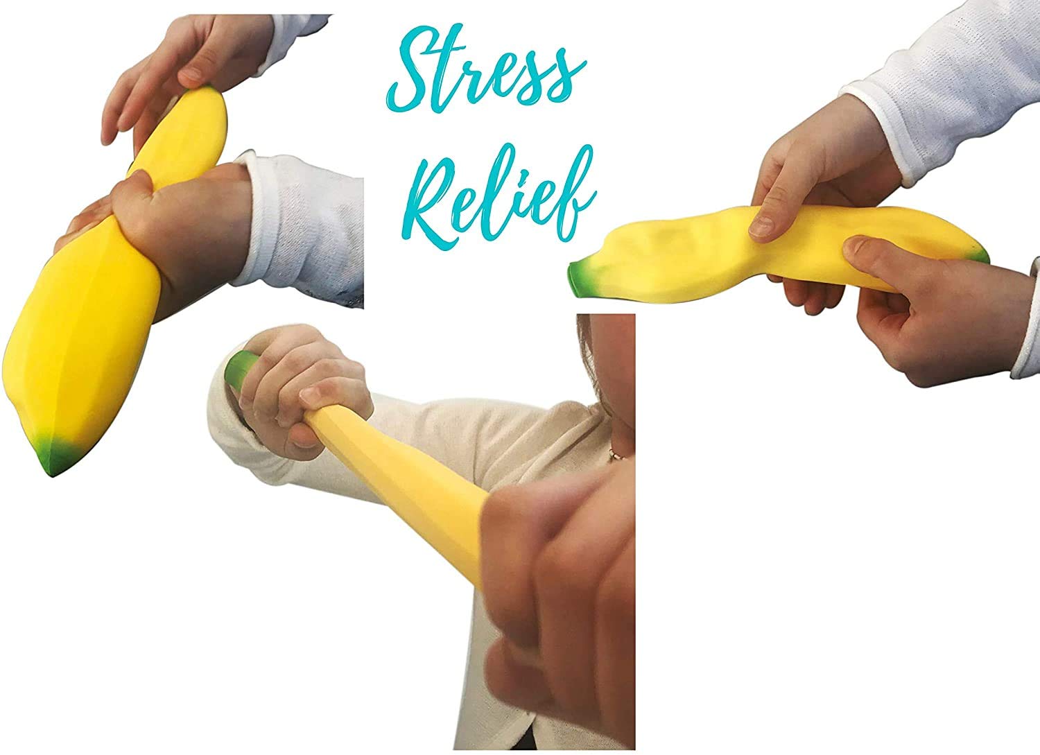 3 Pack Stretchy Banana Stress Relief Toys - Soft Squishy Fidget Toys for Kids & Adults - Stretchable Rubber Sensory Toys for Anxiety Relief, Party Favors, and Beach Sand Play