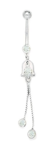 14K White Gold CZ Cubic Zirconia Simulated Diamond 14G Dangling 2-Chain Belly Ring Body Jewelry - 56x8mm Navel Piercing for Women & Men | Perfect for Beach, Pool Parties & Body Chain Fashion