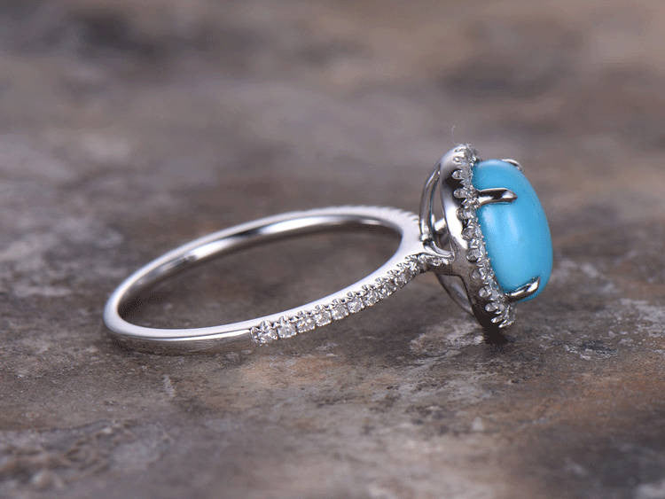 6x8mm Oval Cut Turquoise Engagement Ring - 925 Sterling Silver White Gold Plated Art Deco Wedding Band for Women, Halo Bridal Jewelry, Perfect for Proposals, Anniversaries & Special Occasions