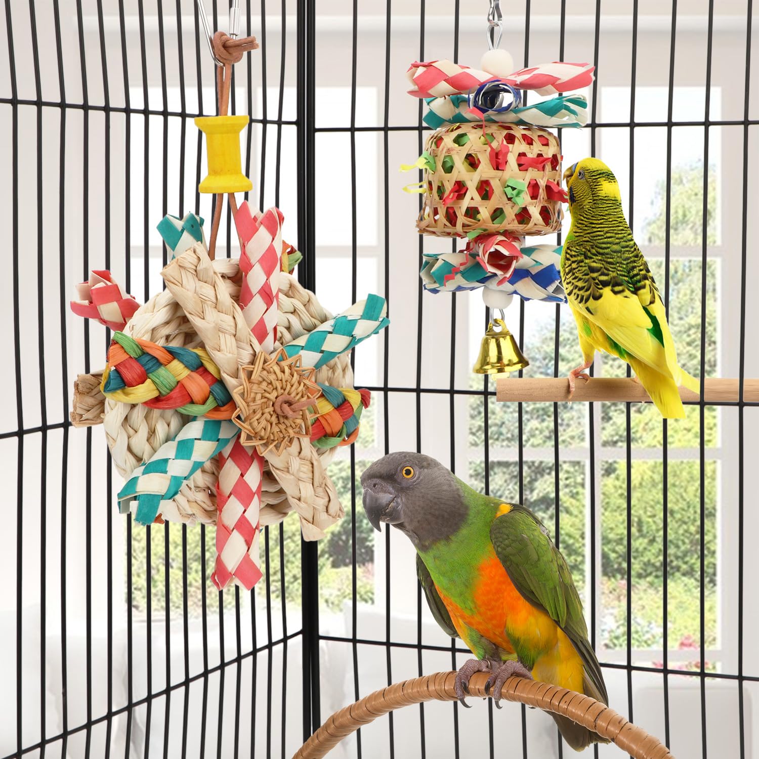 Natural Seagrass Woven Foraging Basket with Bell - Bird Chewing Toys for Parrots, Cockatiels, Sun Parakeets, Budgies & Lovebirds (2-Piece Set: Bite Cake + Woven Basket) - Perfect for Cage Enrichment & Mental Stimulation