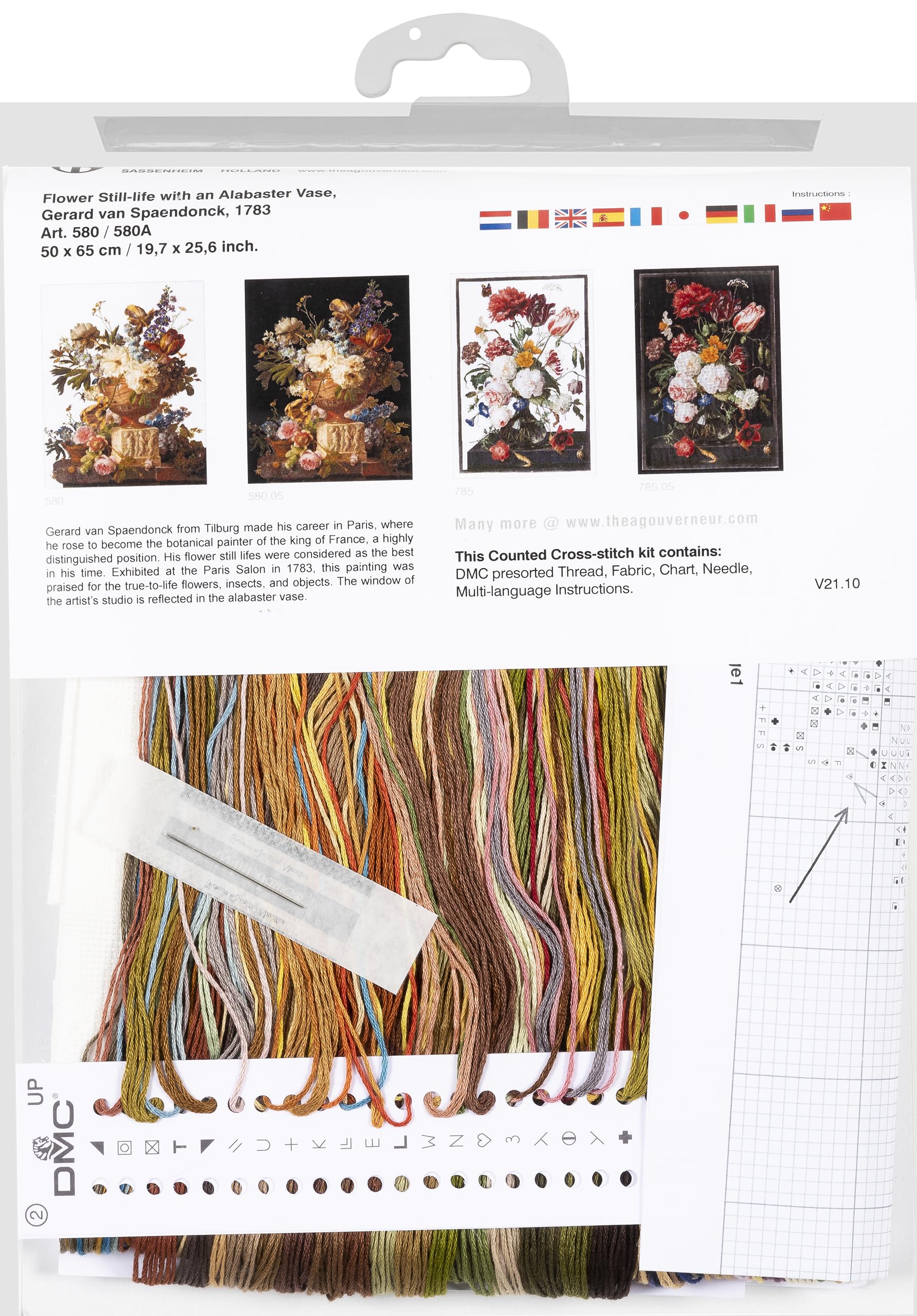 Thea Gouverneur Flower Still-Life Cross Stitch Kit with Alabaster Vase - 18 Count Black Aida Fabric - Includes DMC Embroidery Threads & Supplies - Adult DIY Craft Project - Perfect for Home Decor, Gift Giving & Relaxation