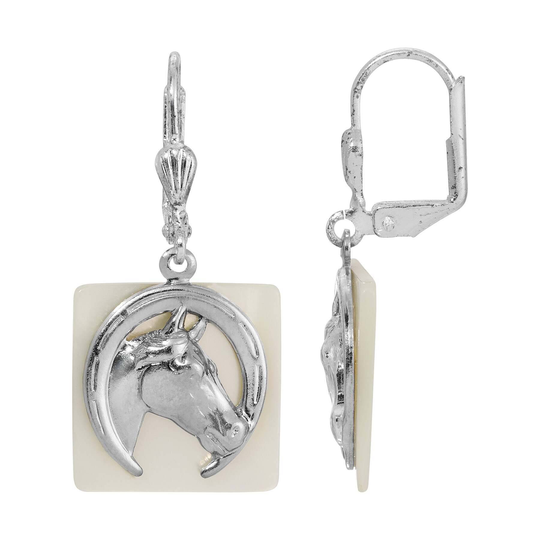 1928 Vintage Horseshoe & Horse Head Mother of Pearl Drop Earrings - Elegant Dangle Earrings for Women, Perfect for Western, Cowgirl, and Equestrian Fashion