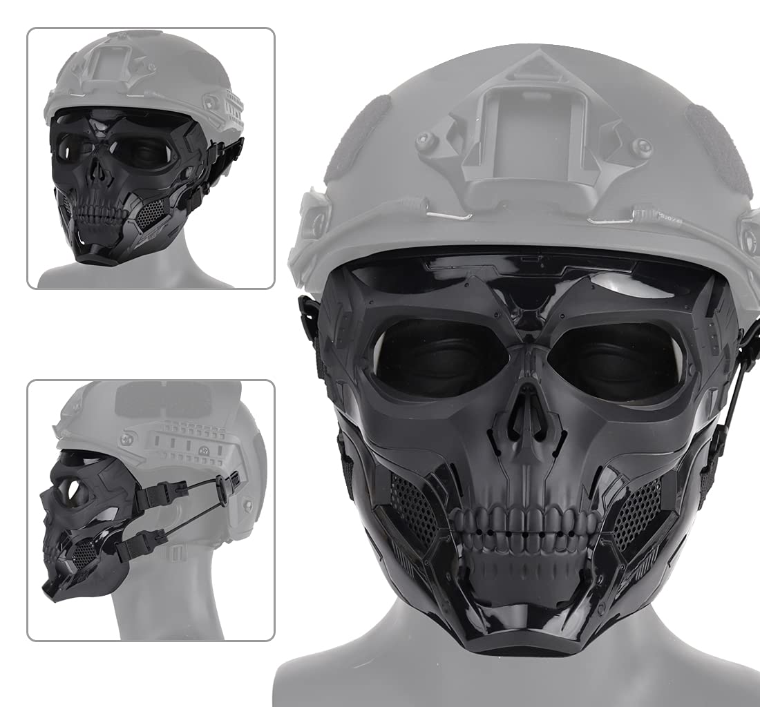 AOUTACC Full Face Airsoft Mask with Goggles - Adjustable Tactical Skeleton Skull Mask for Paintball, Halloween, Cosplay & Outdoor Activities - Protective Gear for Airsoft Games, Movie Props & Parties (Black)